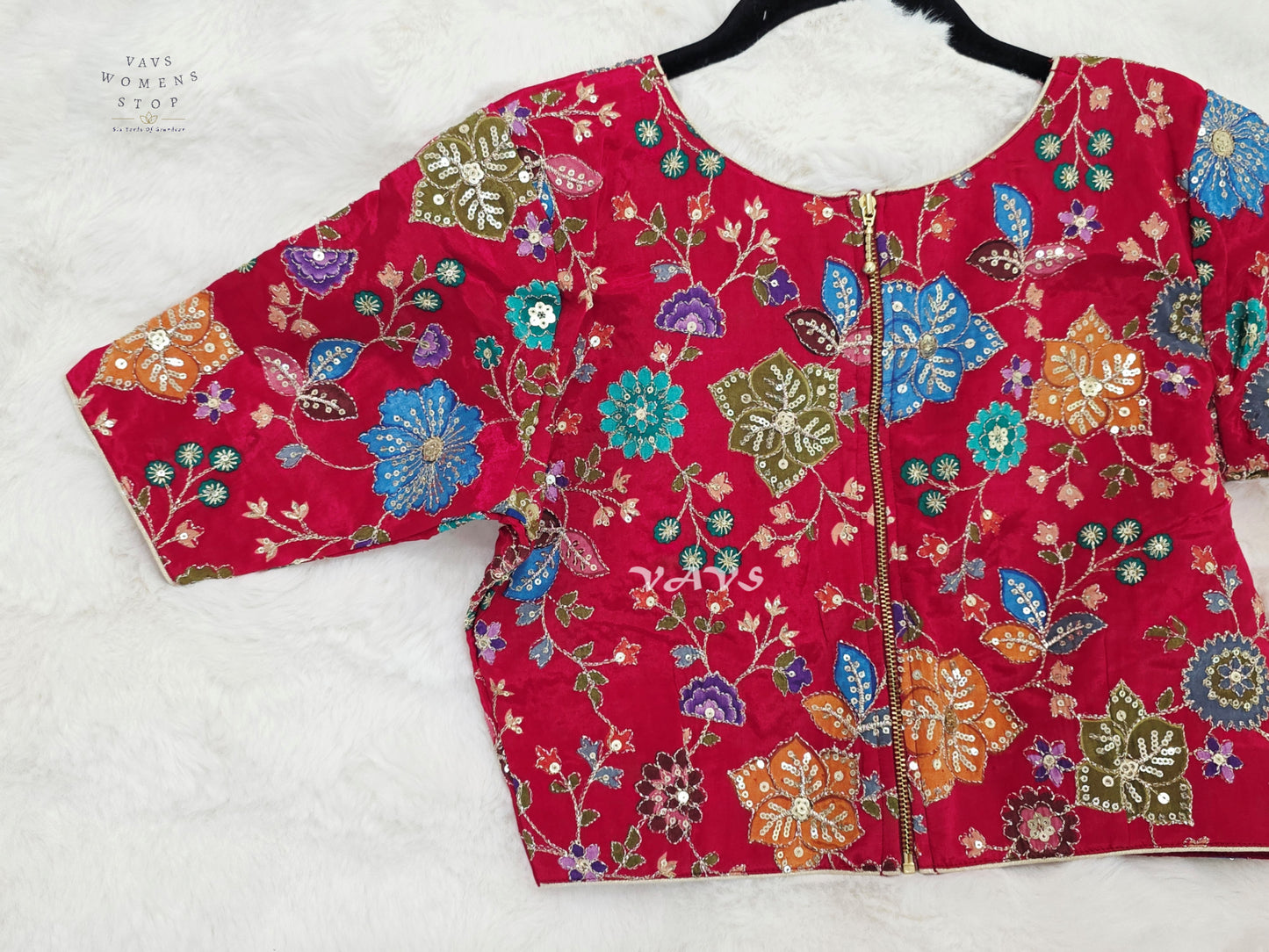 Ruby Red Chinon Silk Floral Sequin Blouse | Size 34–40