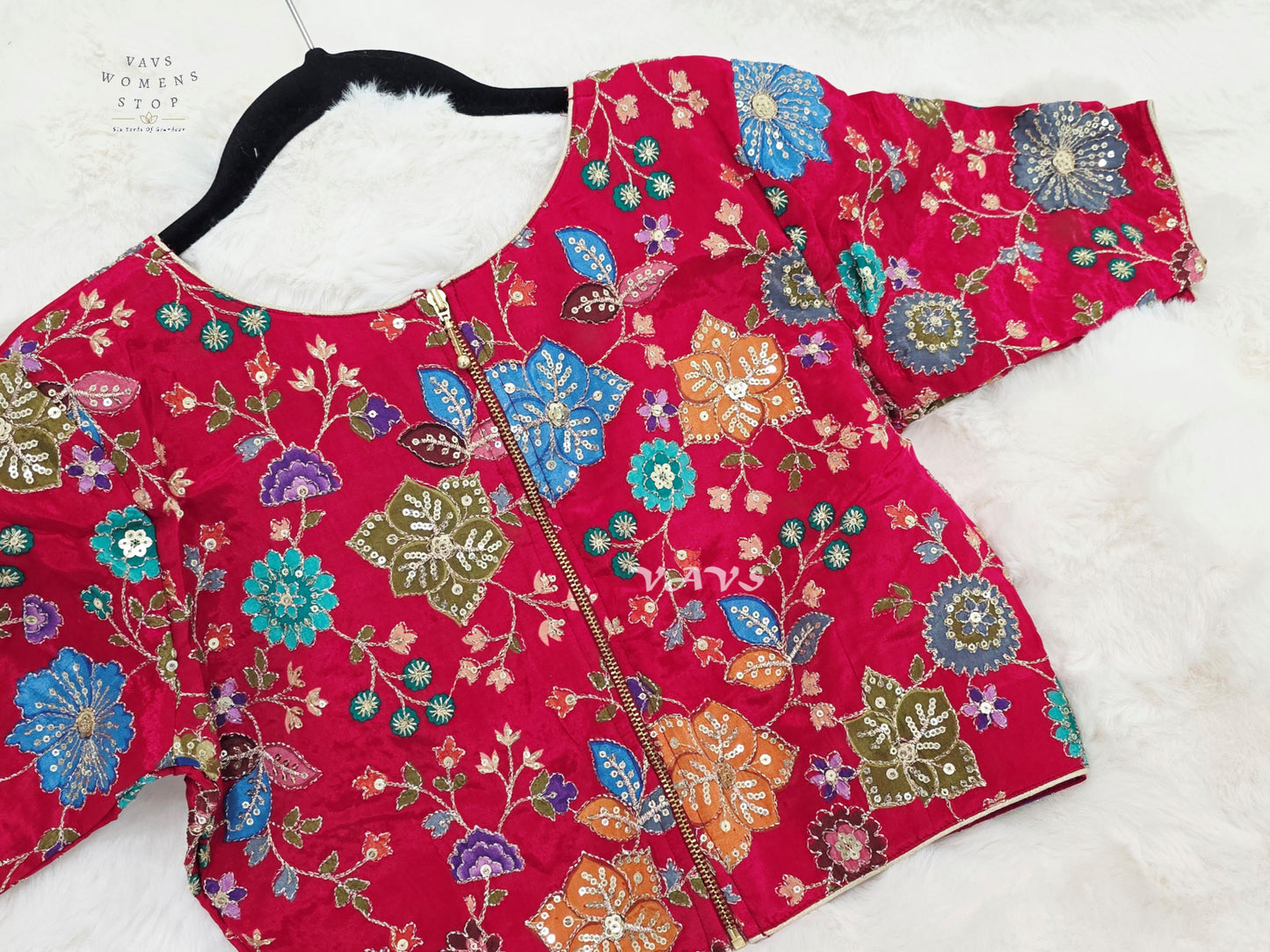 Ruby Red Chinon Silk Floral Sequin Blouse | Size 34–40
