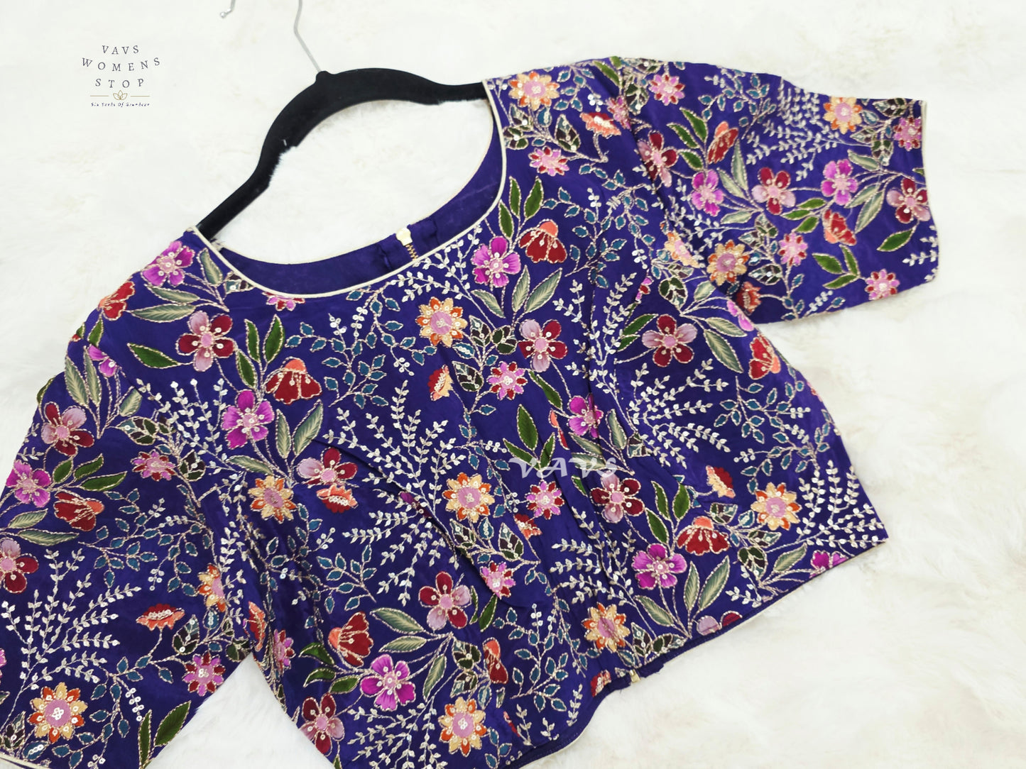 Imperial Violet Chinon Silk Floral Embroidered Blouse | Size 36–42