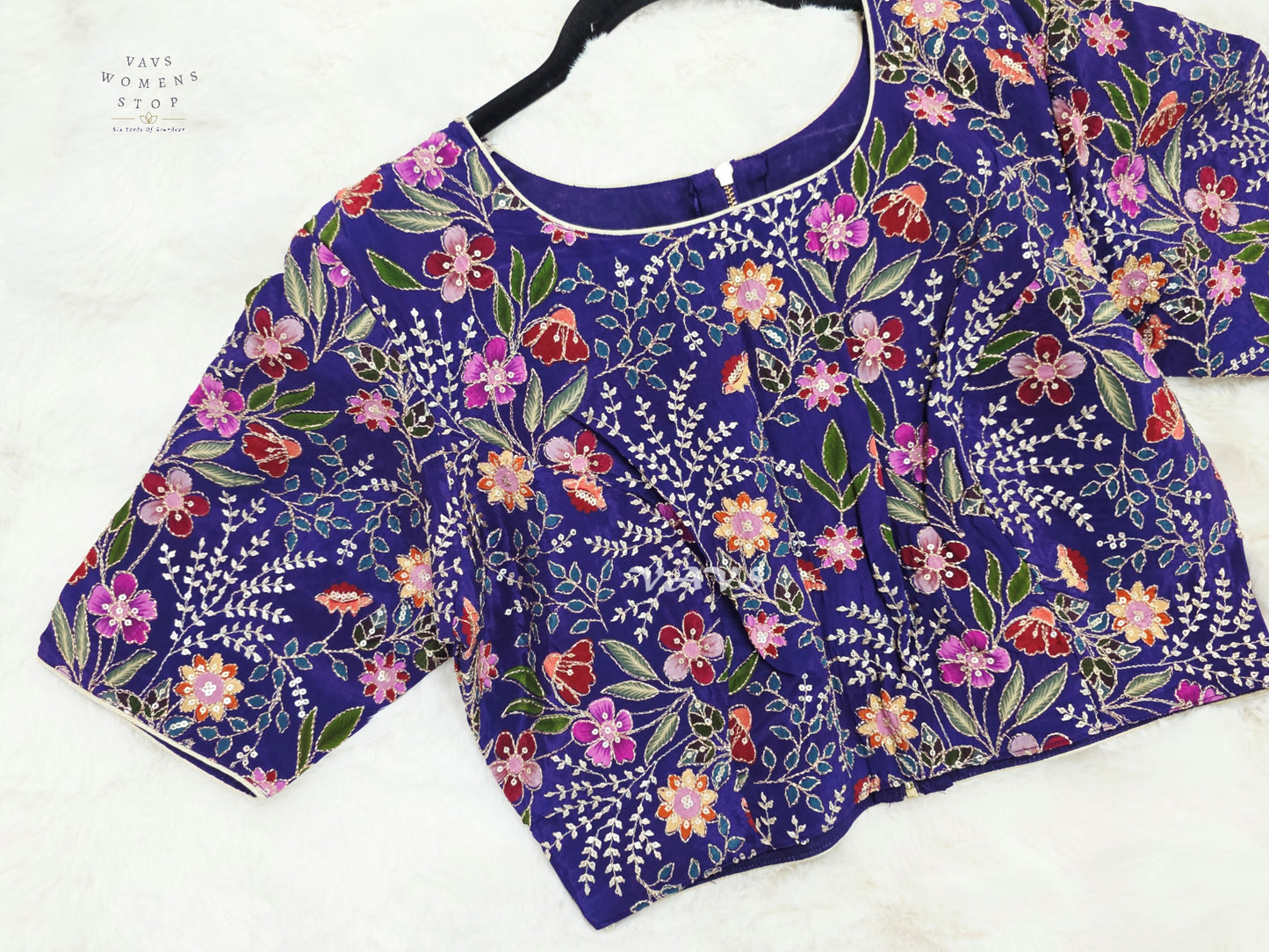 Imperial Violet Chinon Silk Floral Embroidered Blouse | Size 36–42