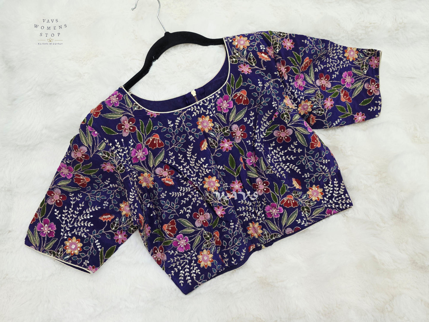 Imperial Violet Chinon Silk Floral Embroidered Blouse | Size 36–42