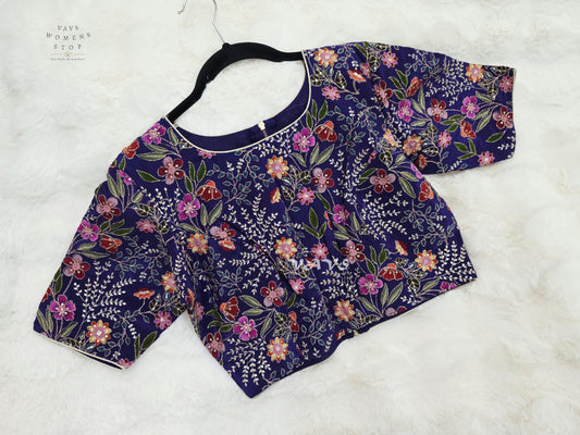 Imperial Violet Chinon Silk Floral Embroidered Blouse | Size 36–42