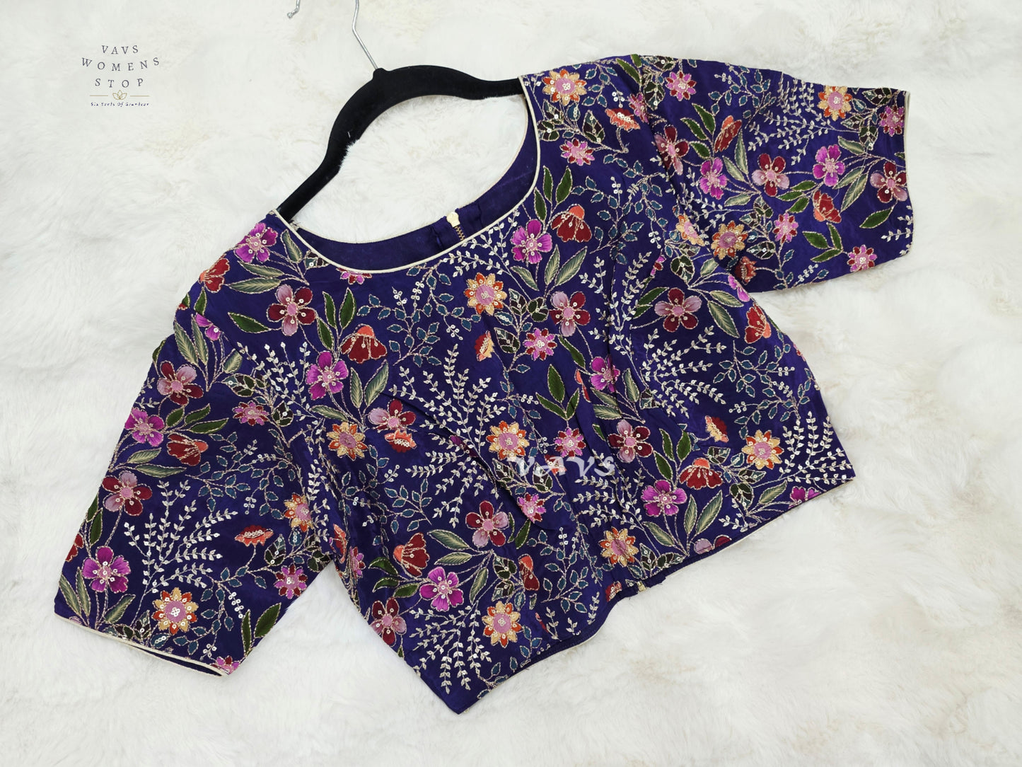 Imperial Violet Chinon Silk Floral Embroidered Blouse | Size 36–42