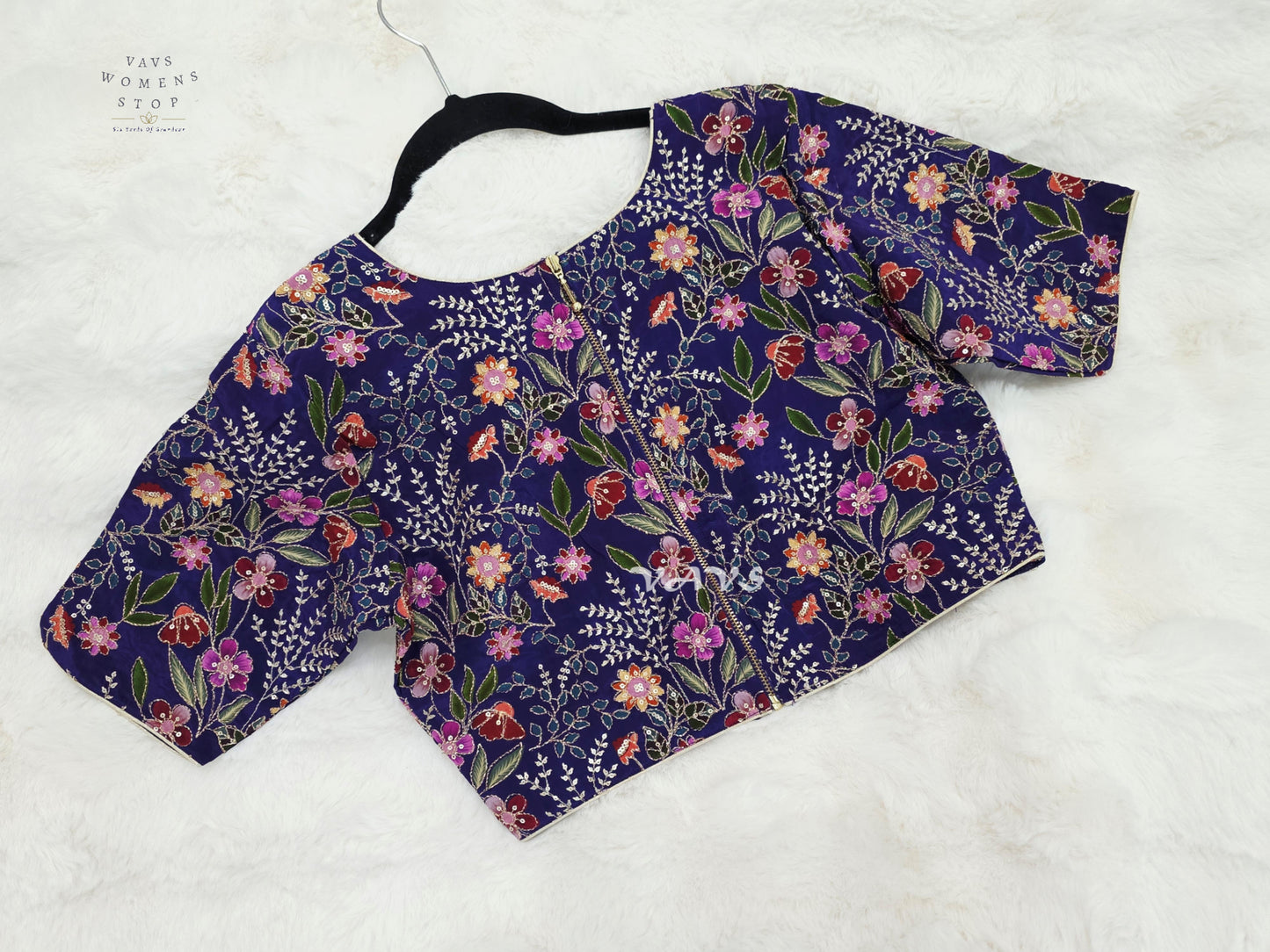 Imperial Violet Chinon Silk Floral Embroidered Blouse | Size 36–42
