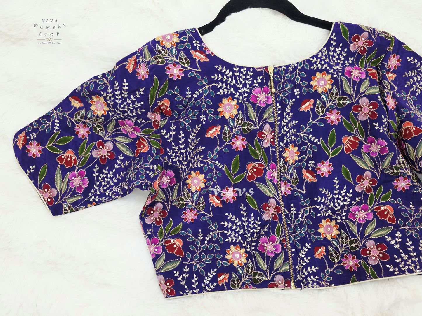 Imperial Violet Chinon Silk Floral Embroidered Blouse | Size 36–42