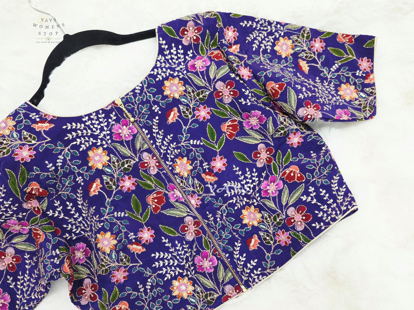 Imperial Violet Chinon Silk Floral Embroidered Blouse | Size 36–42