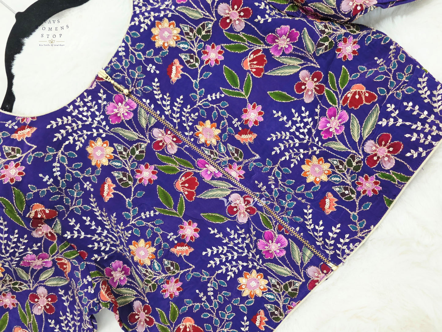 Imperial Violet Chinon Silk Floral Embroidered Blouse | Size 36–42