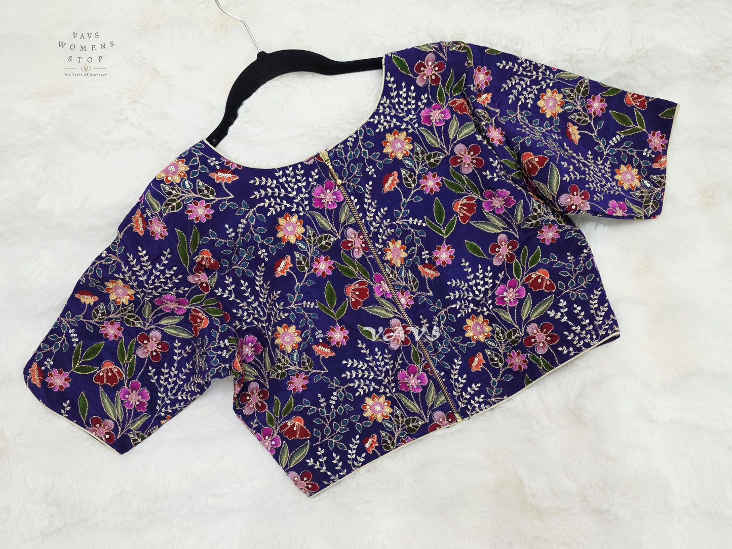 Imperial Violet Chinon Silk Floral Embroidered Blouse | Size 36–42