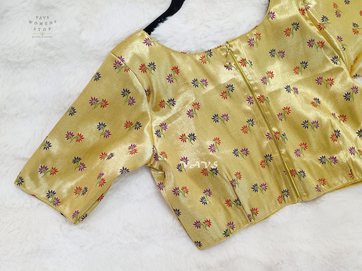 Antique Gold Tissue Banarasi Paithani Floral Blouse | Size 38–44