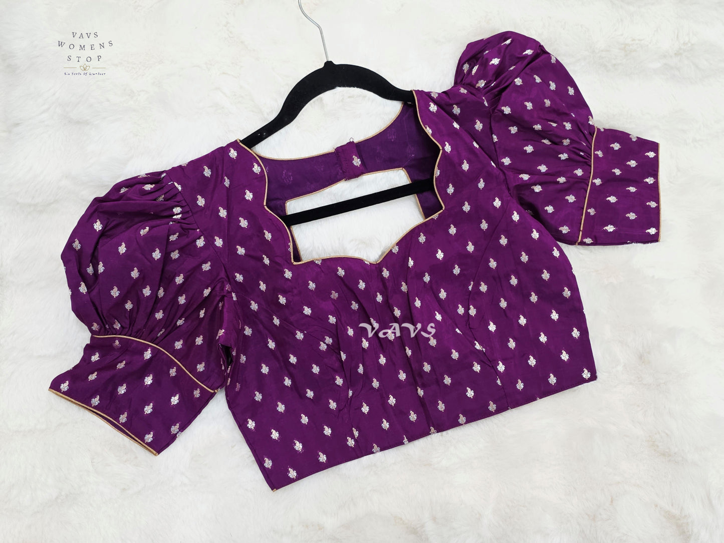 Royal Amethyst Banarasi Puff-Sleeve Stitched Blouse | Size 36–42