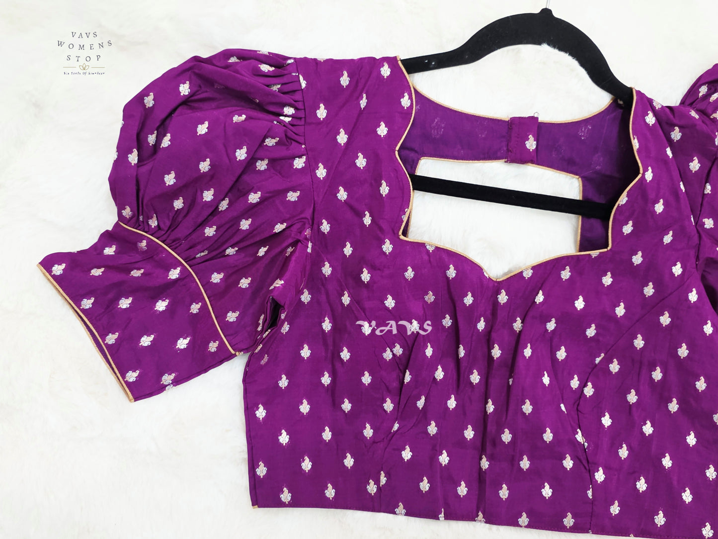 Royal Amethyst Banarasi Puff-Sleeve Stitched Blouse | Size 36–42