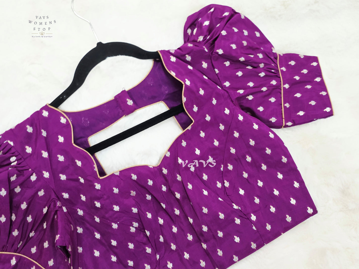 Royal Amethyst Banarasi Puff-Sleeve Stitched Blouse | Size 36–42