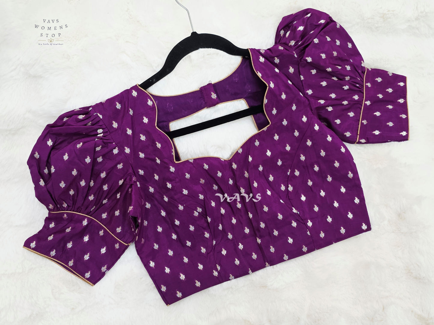 Royal Amethyst Banarasi Puff-Sleeve Stitched Blouse | Size 36–42