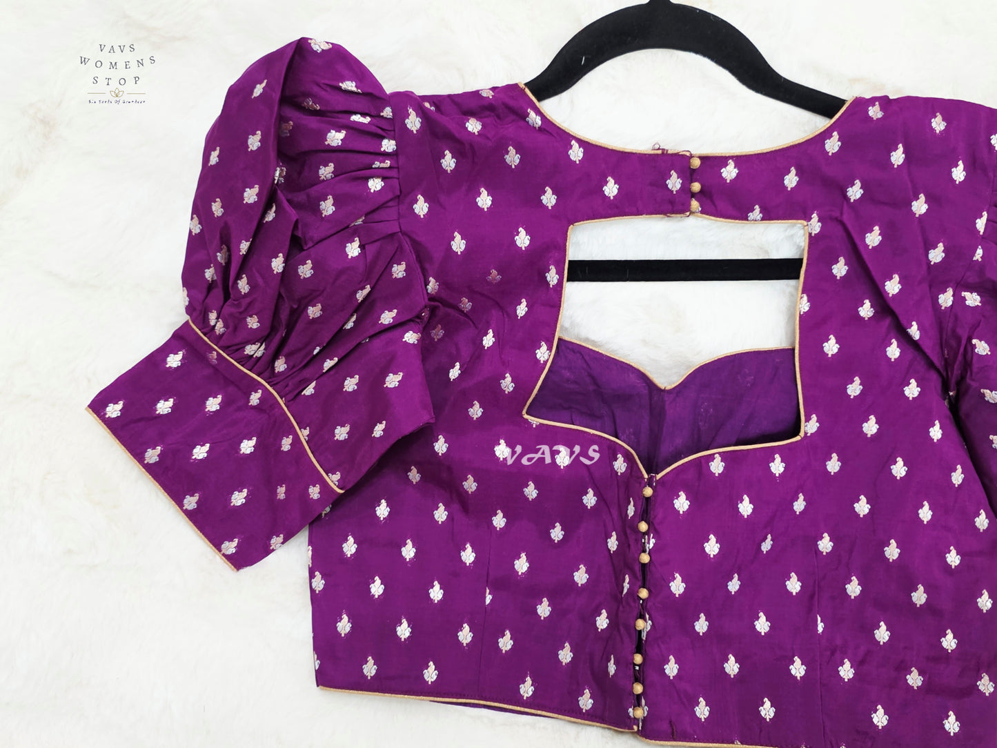 Royal Amethyst Banarasi Puff-Sleeve Stitched Blouse | Size 36–42