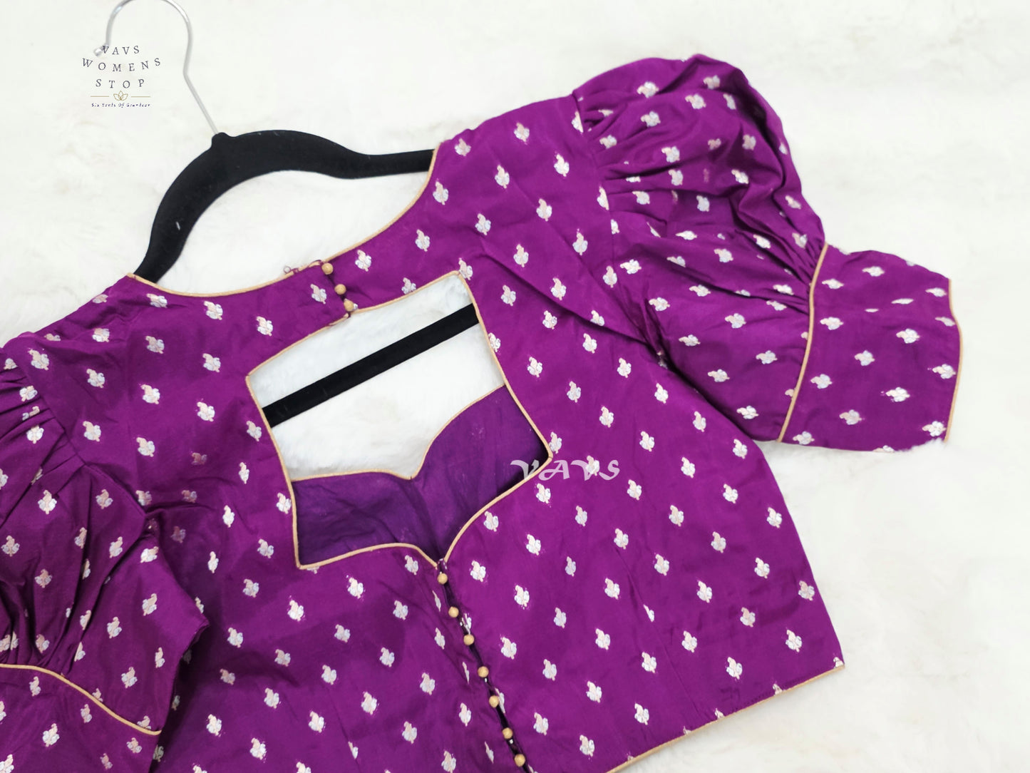 Royal Amethyst Banarasi Puff-Sleeve Stitched Blouse | Size 36–42