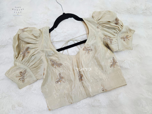Champagne Ivory Tissue Puff-Sleeve Stitched Blouse | Size 36–42