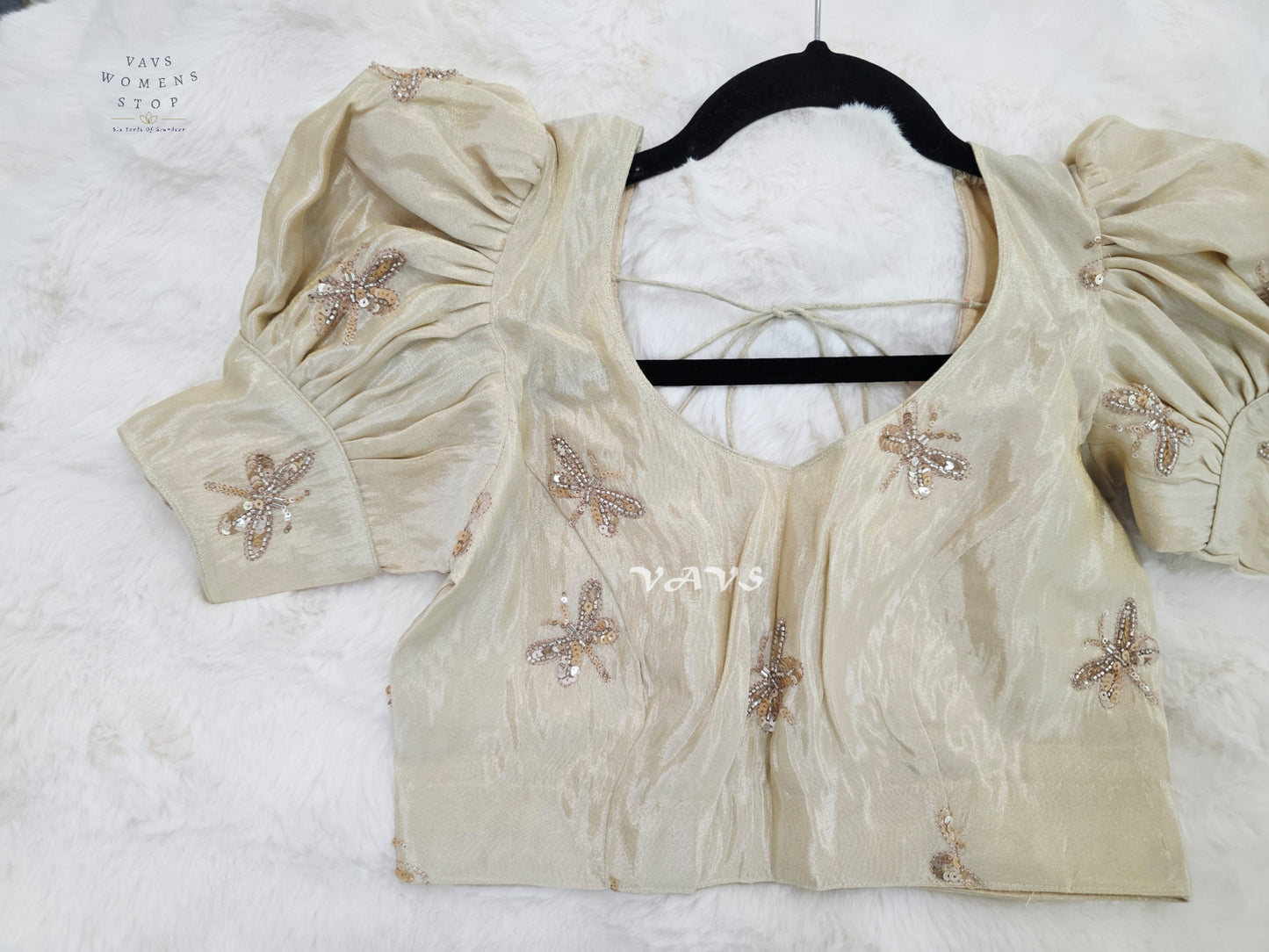 Champagne Ivory Tissue Puff-Sleeve Stitched Blouse | Size 36–42