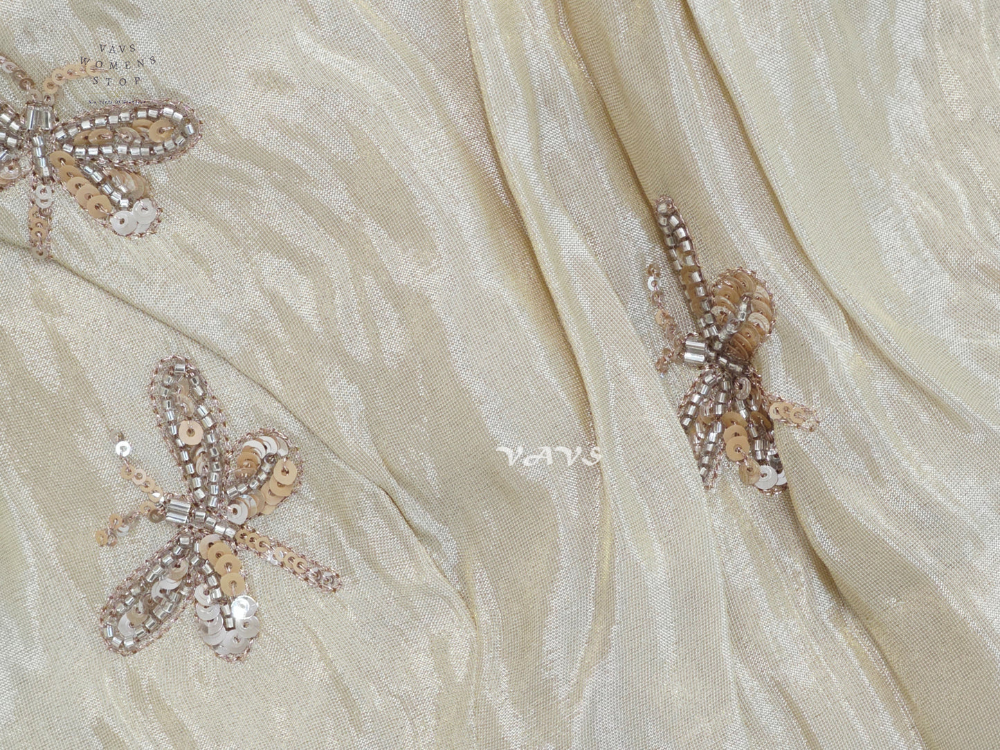 Champagne Ivory Tissue Puff-Sleeve Stitched Blouse | Size 36–42