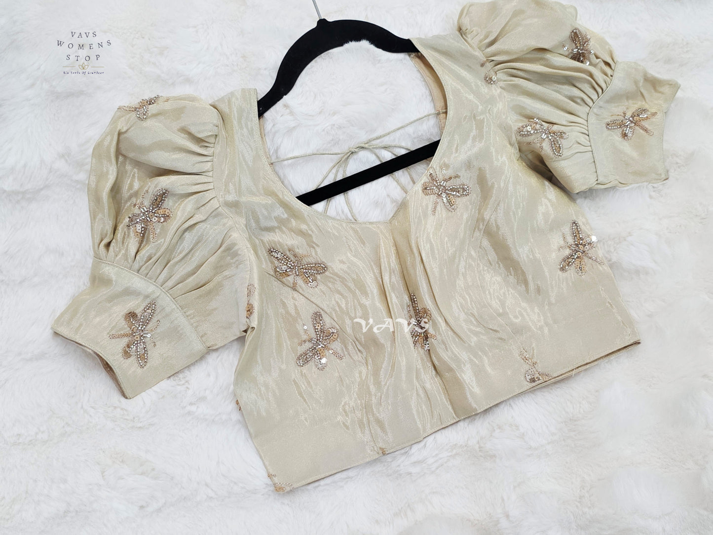 Champagne Ivory Tissue Puff-Sleeve Stitched Blouse | Size 36–42