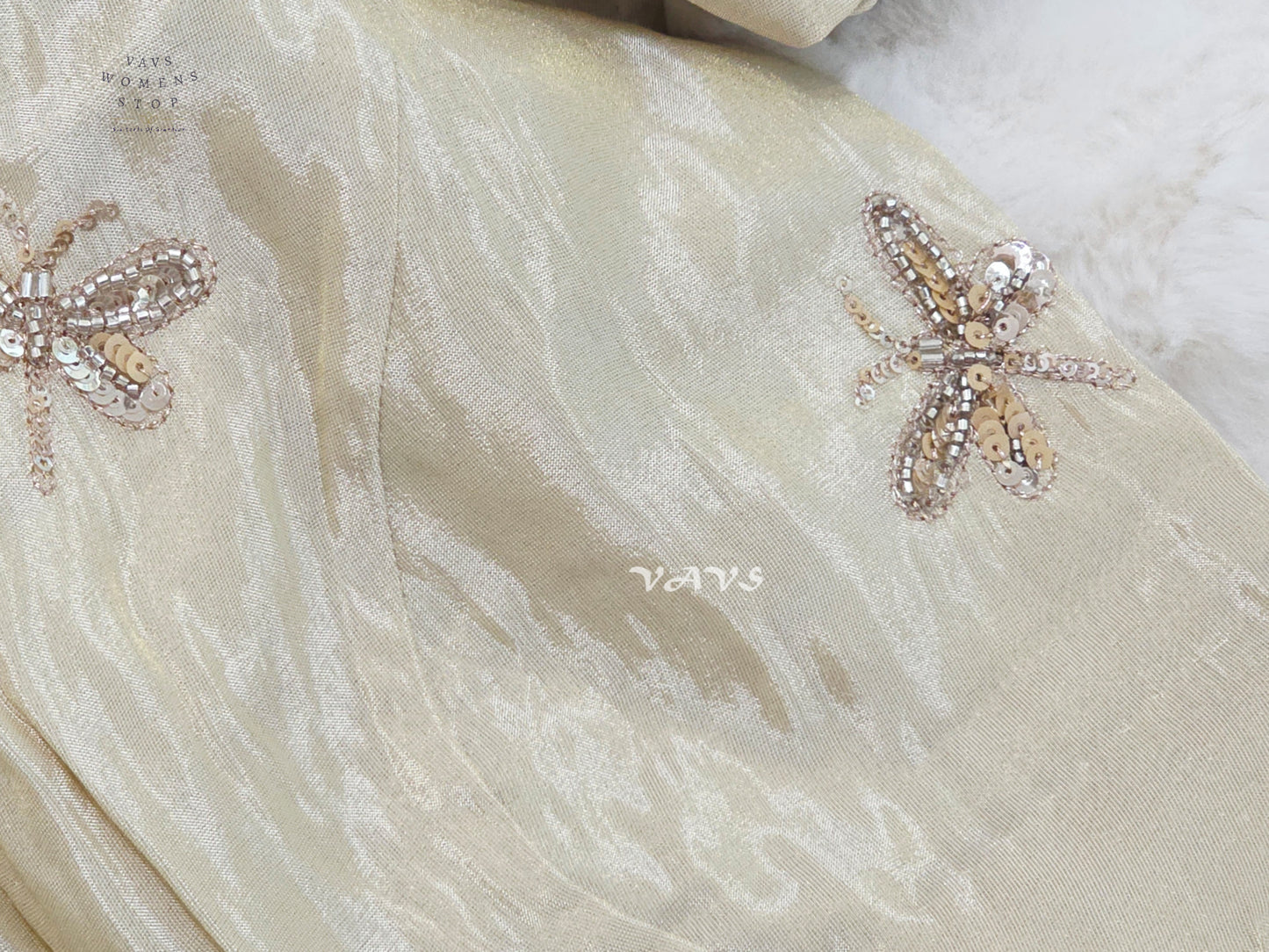 Champagne Ivory Tissue Puff-Sleeve Stitched Blouse | Size 36–42