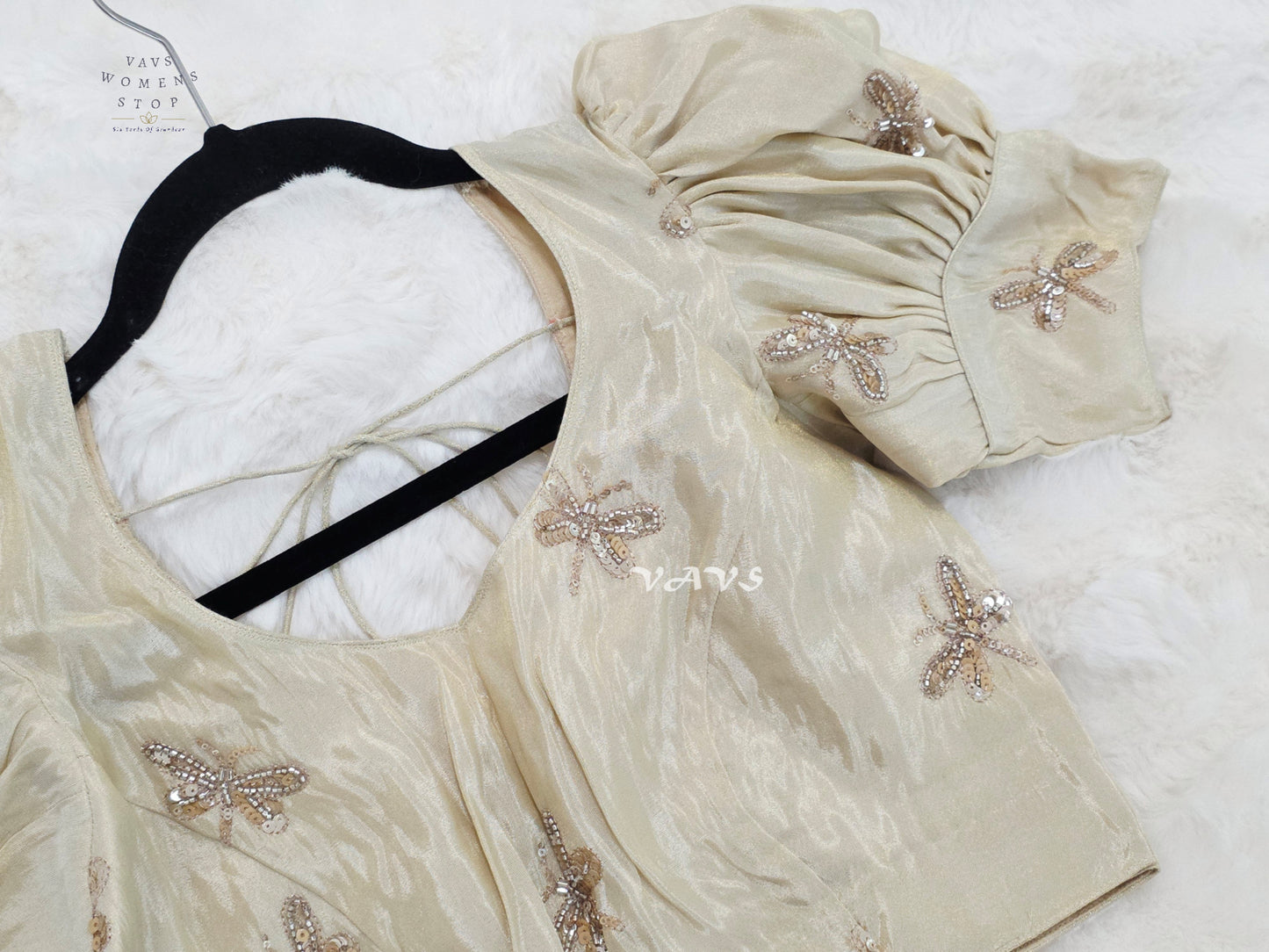Champagne Ivory Tissue Puff-Sleeve Stitched Blouse | Size 36–42