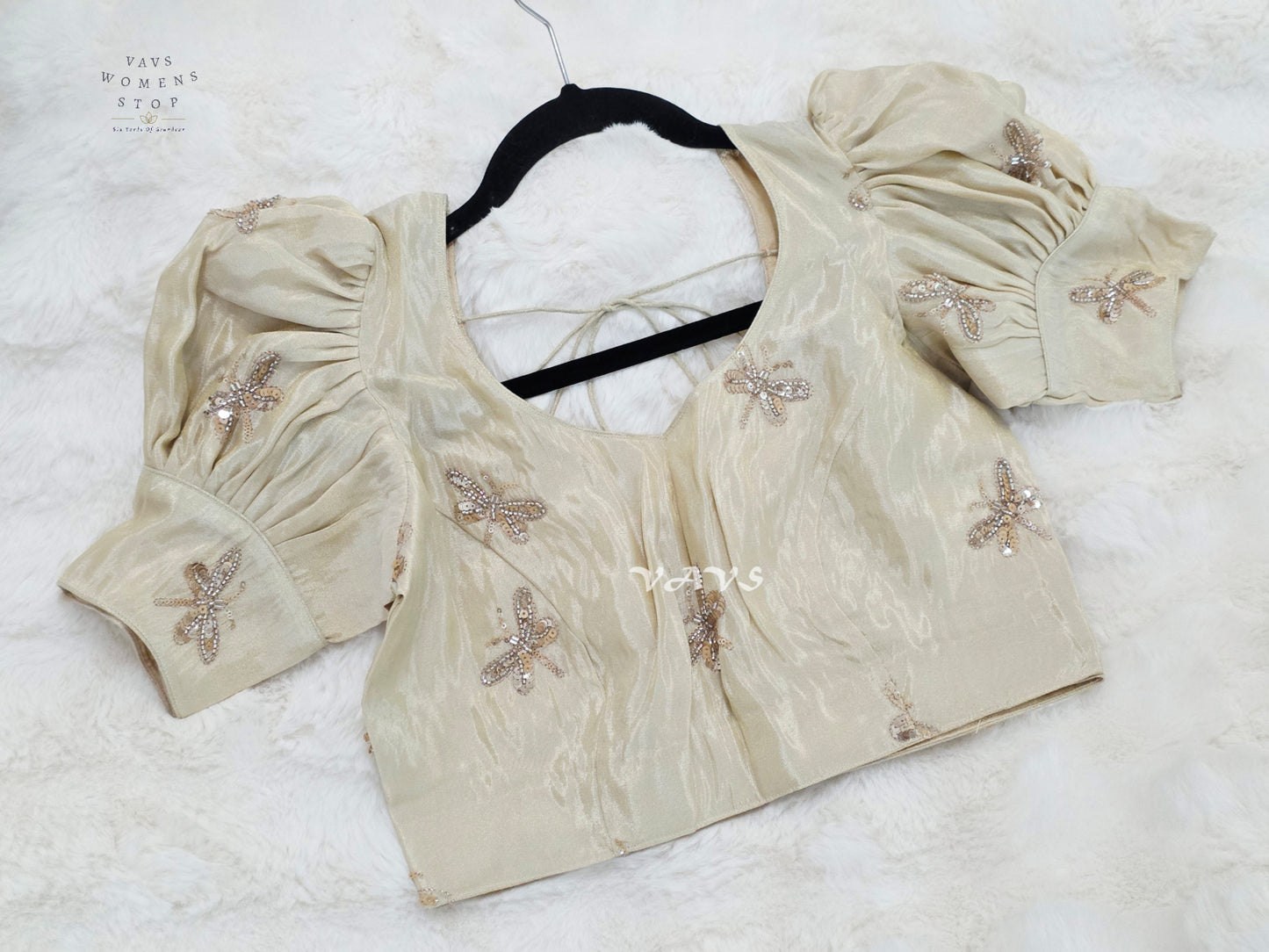 Champagne Ivory Tissue Puff-Sleeve Stitched Blouse | Size 36–42