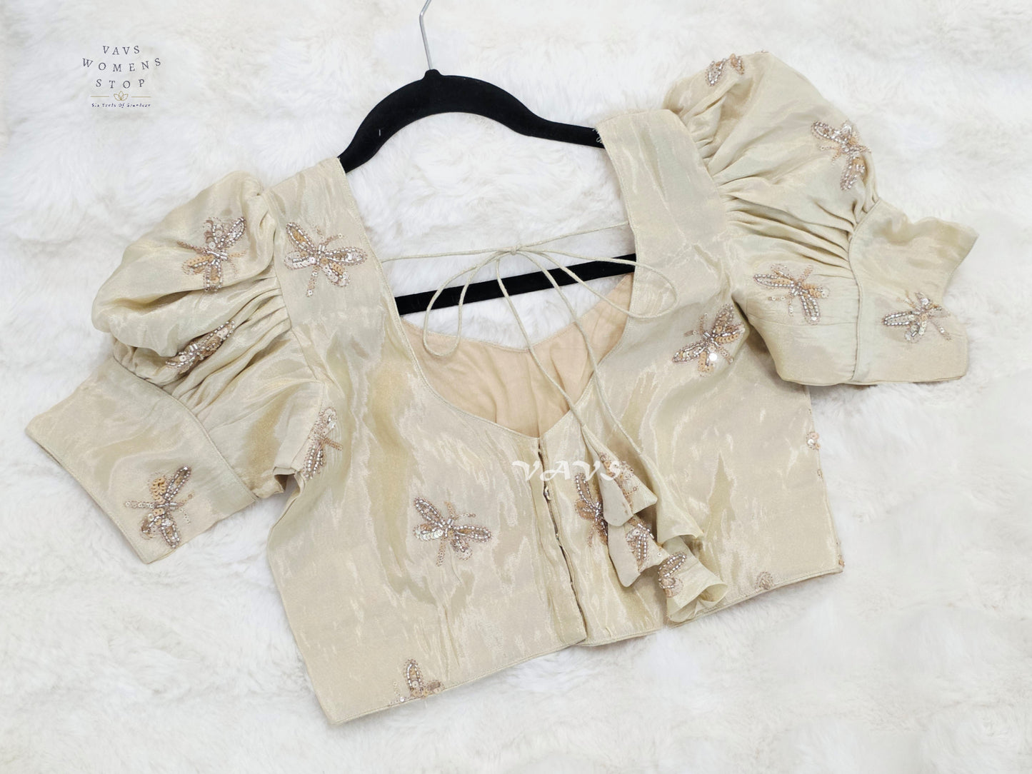 Champagne Ivory Tissue Puff-Sleeve Stitched Blouse | Size 36–42