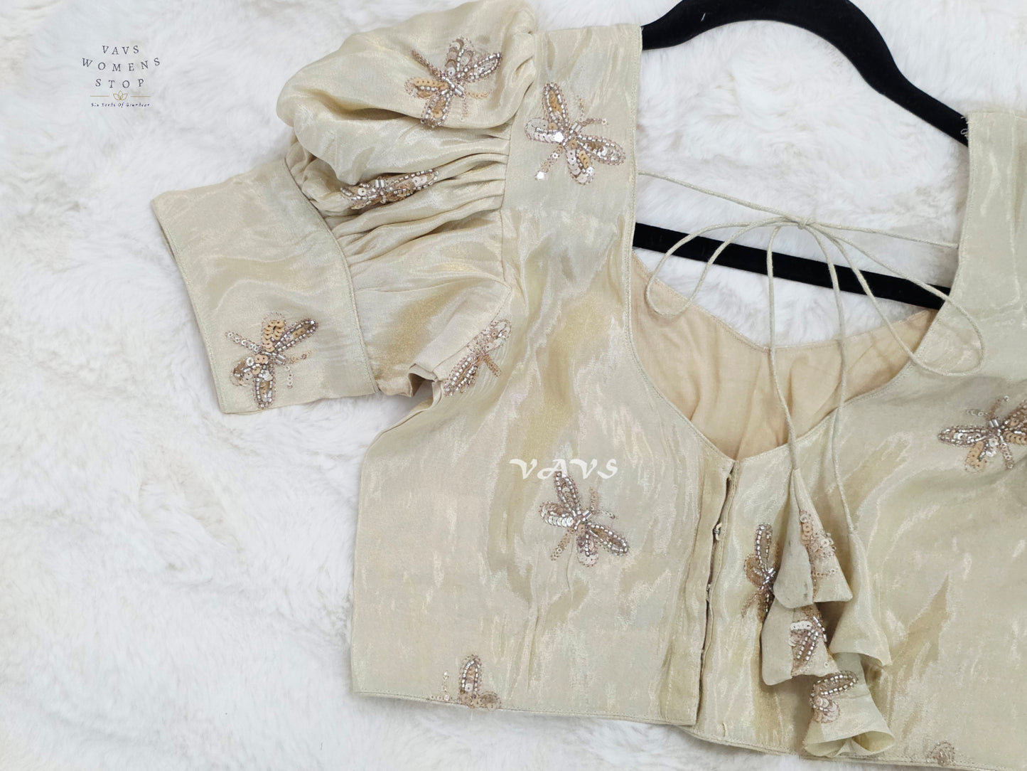 Champagne Ivory Tissue Puff-Sleeve Stitched Blouse | Size 36–42
