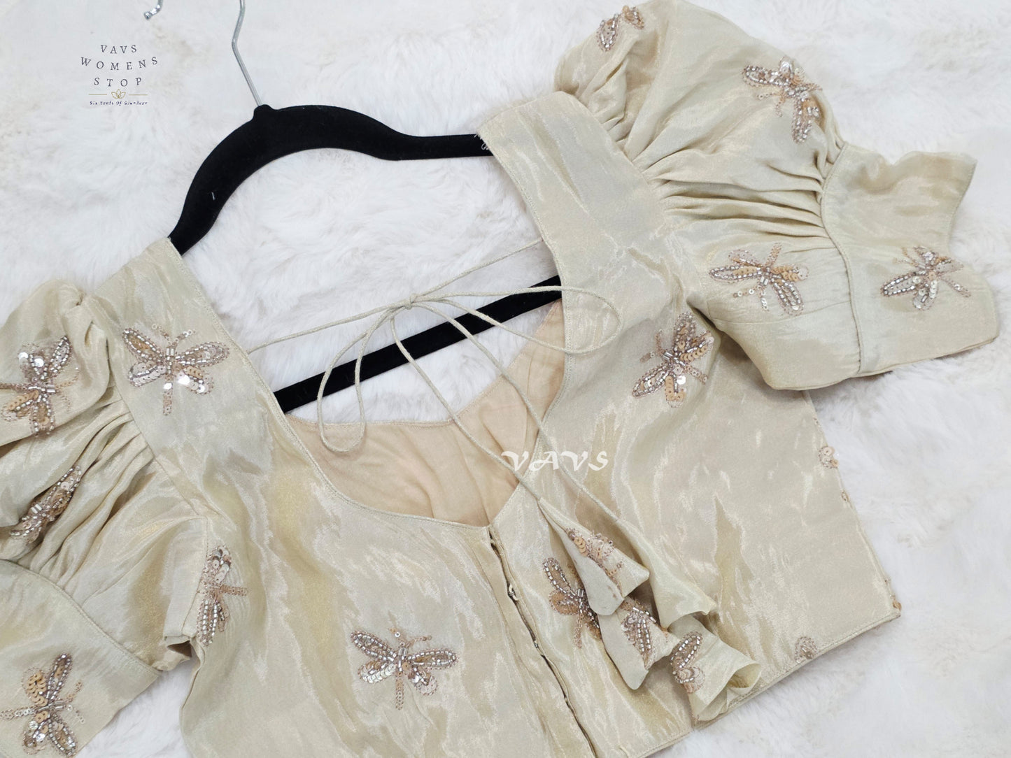 Champagne Ivory Tissue Puff-Sleeve Stitched Blouse | Size 36–42