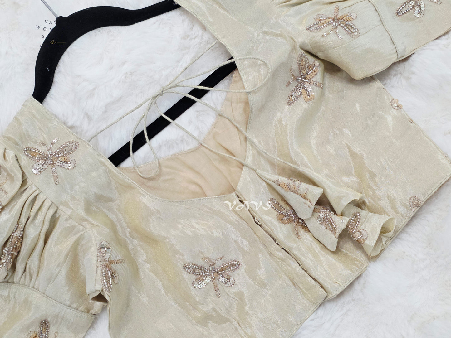 Champagne Ivory Tissue Puff-Sleeve Stitched Blouse | Size 36–42