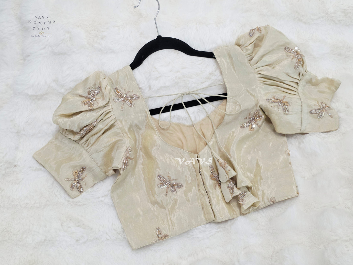 Champagne Ivory Tissue Puff-Sleeve Stitched Blouse | Size 36–42