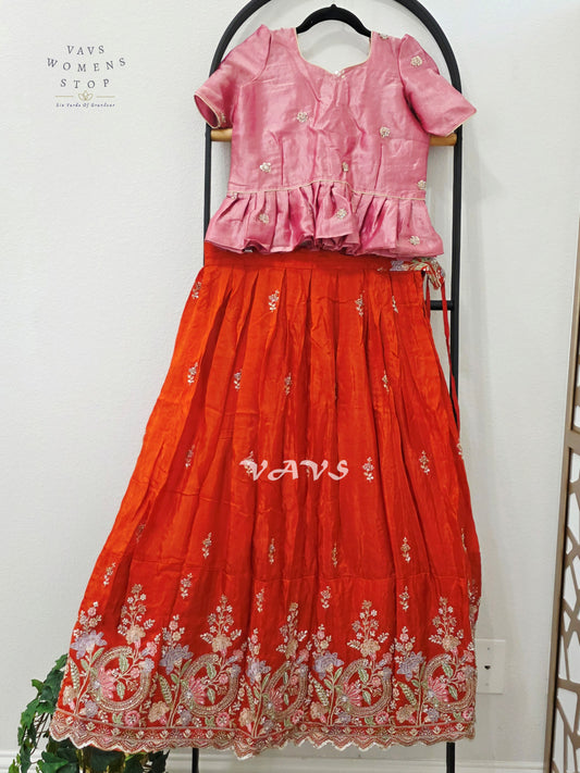 Vermilion Orange Crepe Silk Embroidered Lehenga Set with Rose Pink Tissue Crop Top – Girls 9–10 Years