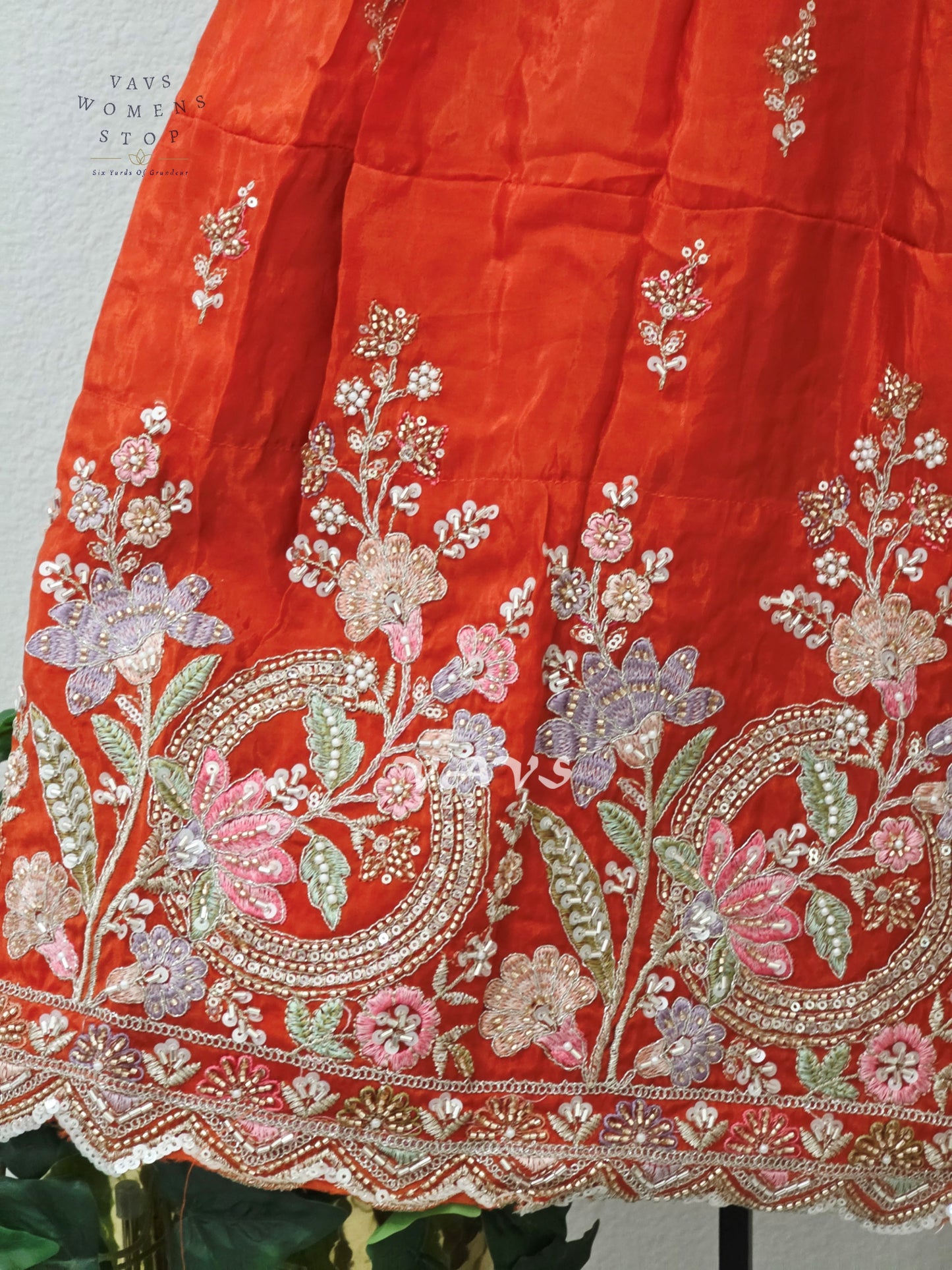 Vermilion Orange Crepe Silk Embroidered Lehenga Set with Rose Pink Tissue Crop Top – Girls 9–10 Years