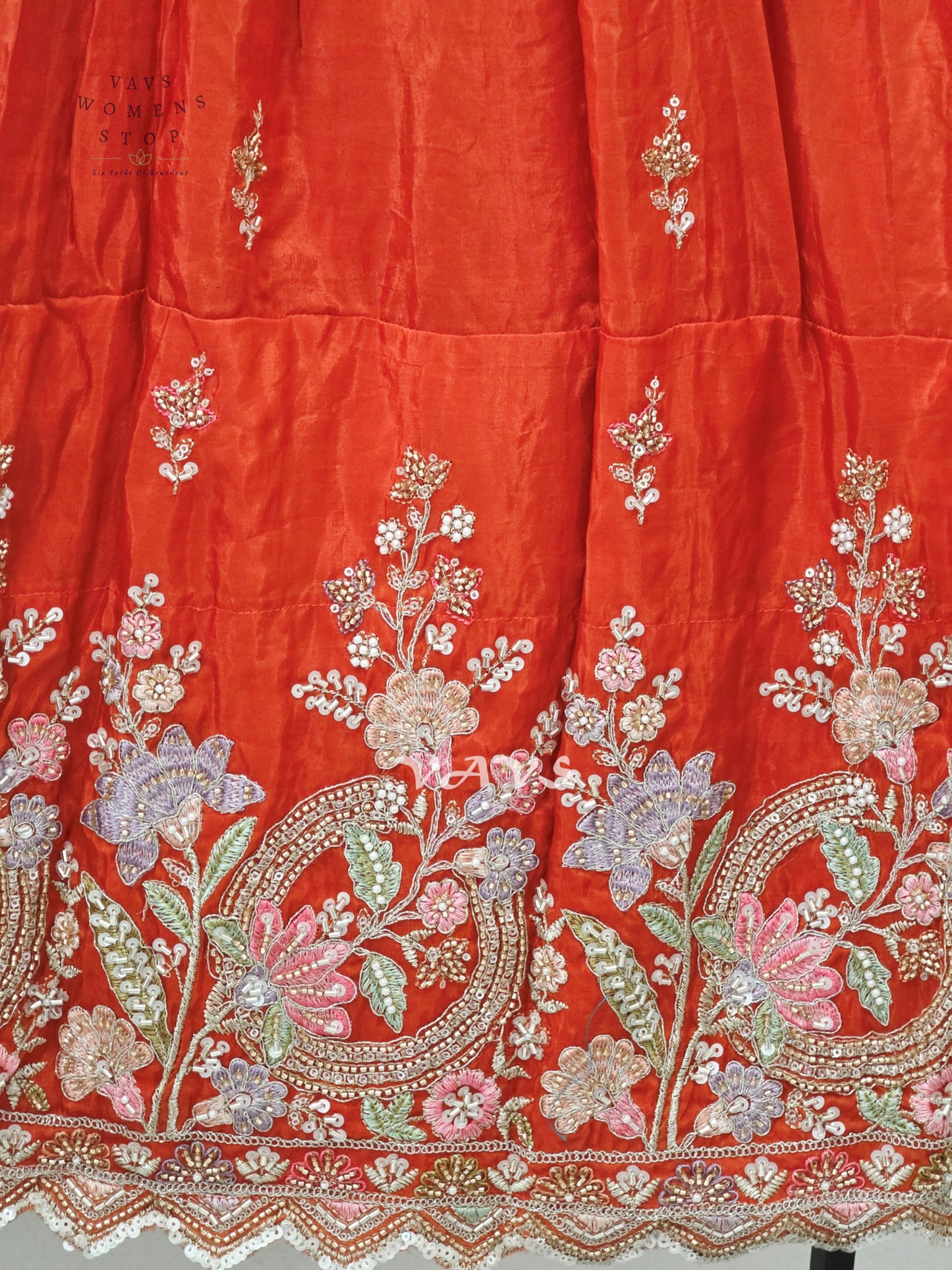 Vermilion Orange Crepe Silk Embroidered Lehenga Set with Rose Pink Tissue Crop Top – Girls 9–10 Years