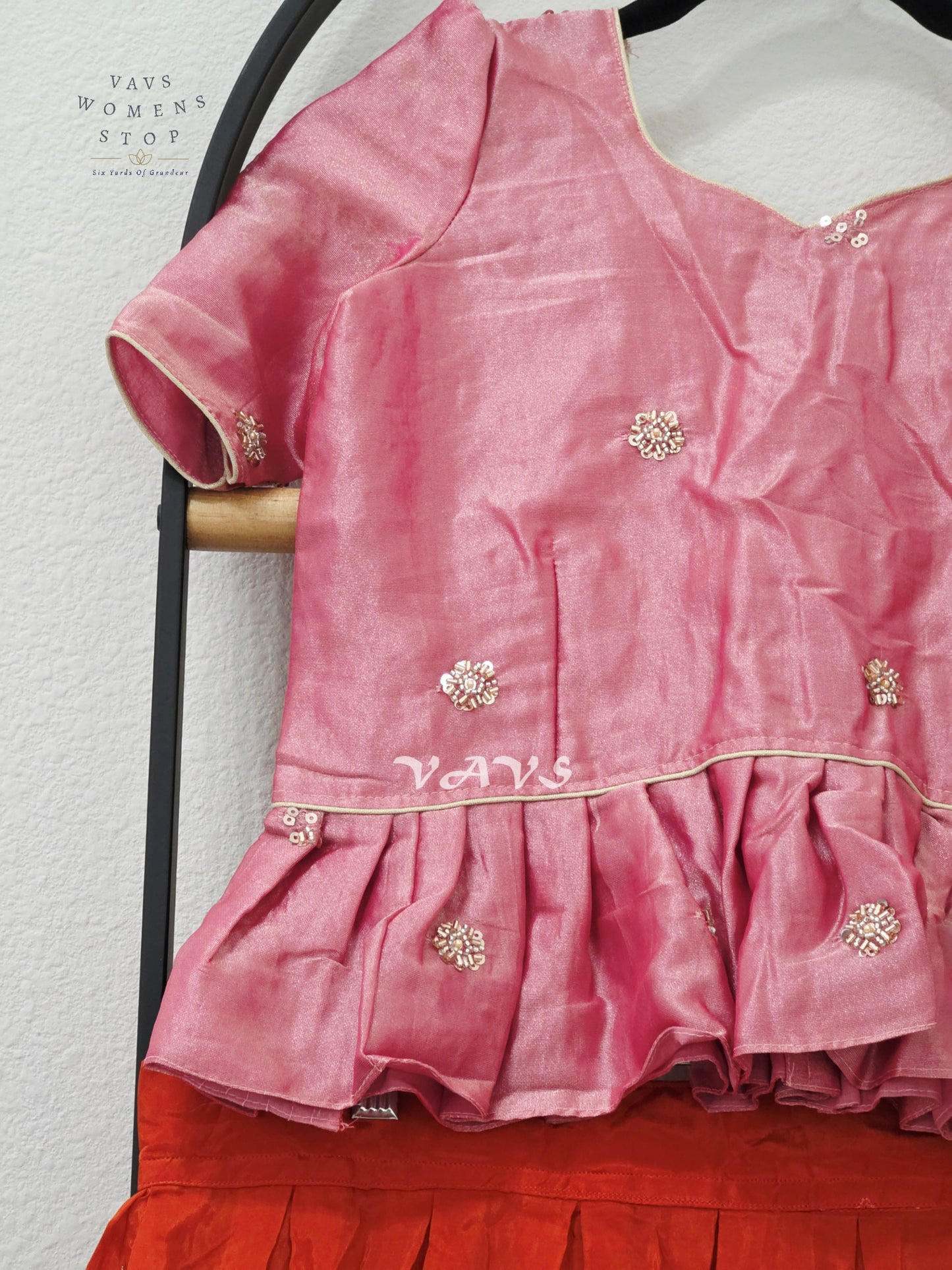 Vermilion Orange Crepe Silk Embroidered Lehenga Set with Rose Pink Tissue Crop Top – Girls 9–10 Years