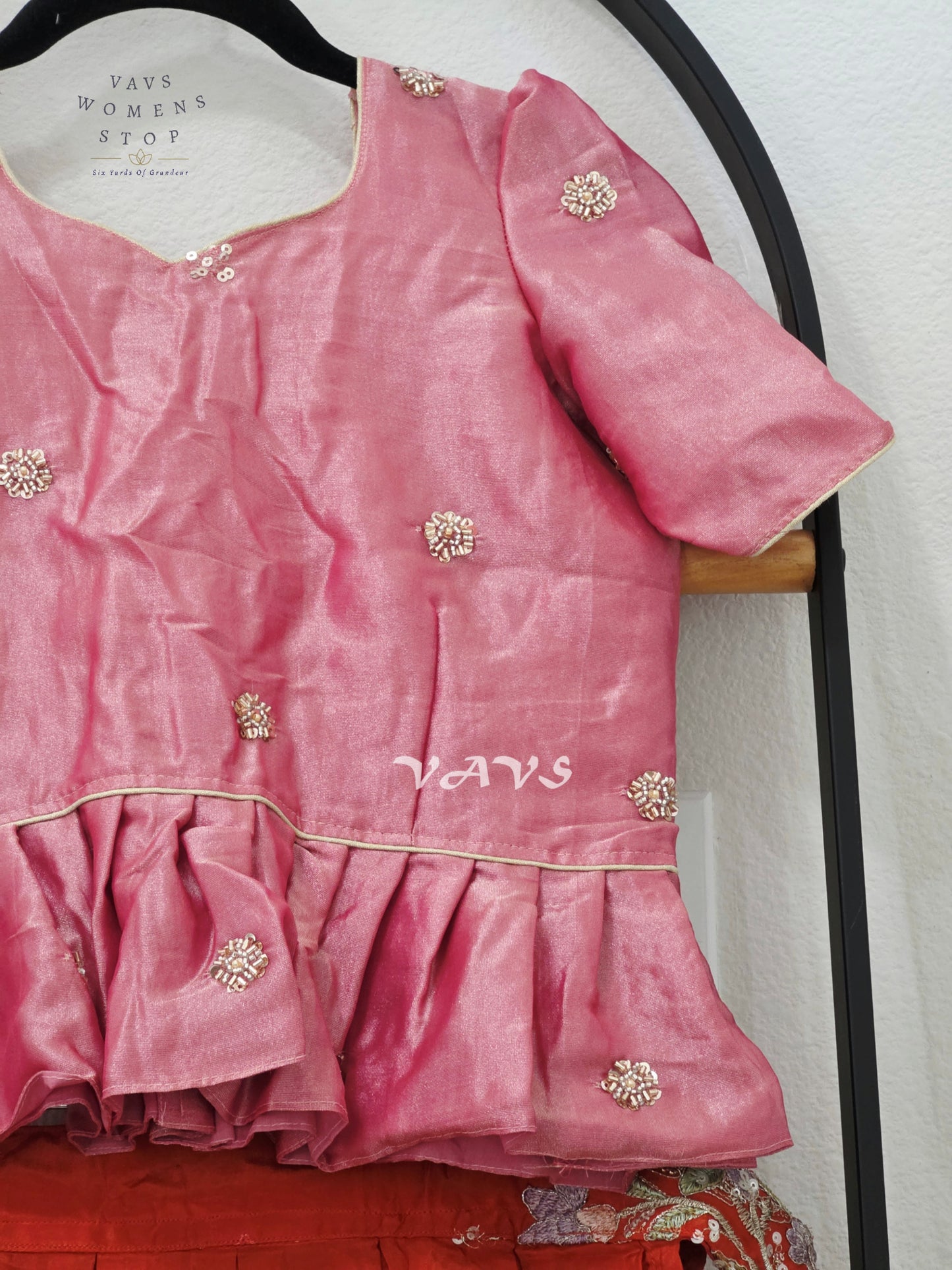 Vermilion Orange Crepe Silk Embroidered Lehenga Set with Rose Pink Tissue Crop Top – Girls 9–10 Years
