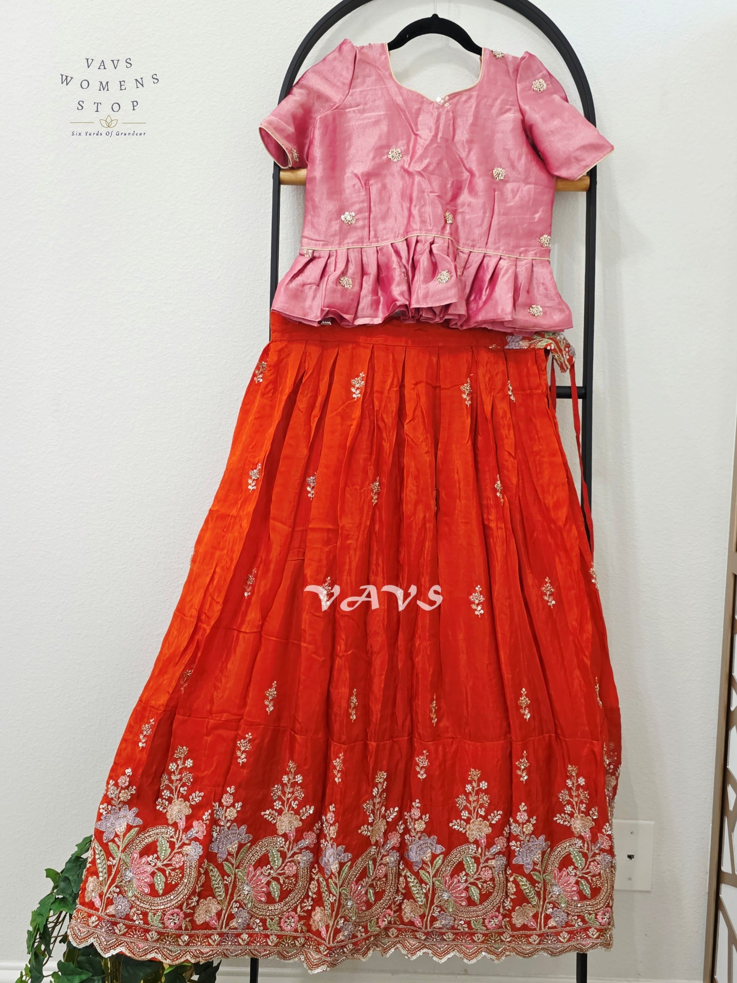 Vermilion Orange Crepe Silk Embroidered Lehenga Set with Rose Pink Tissue Crop Top – Girls 9–10 Years