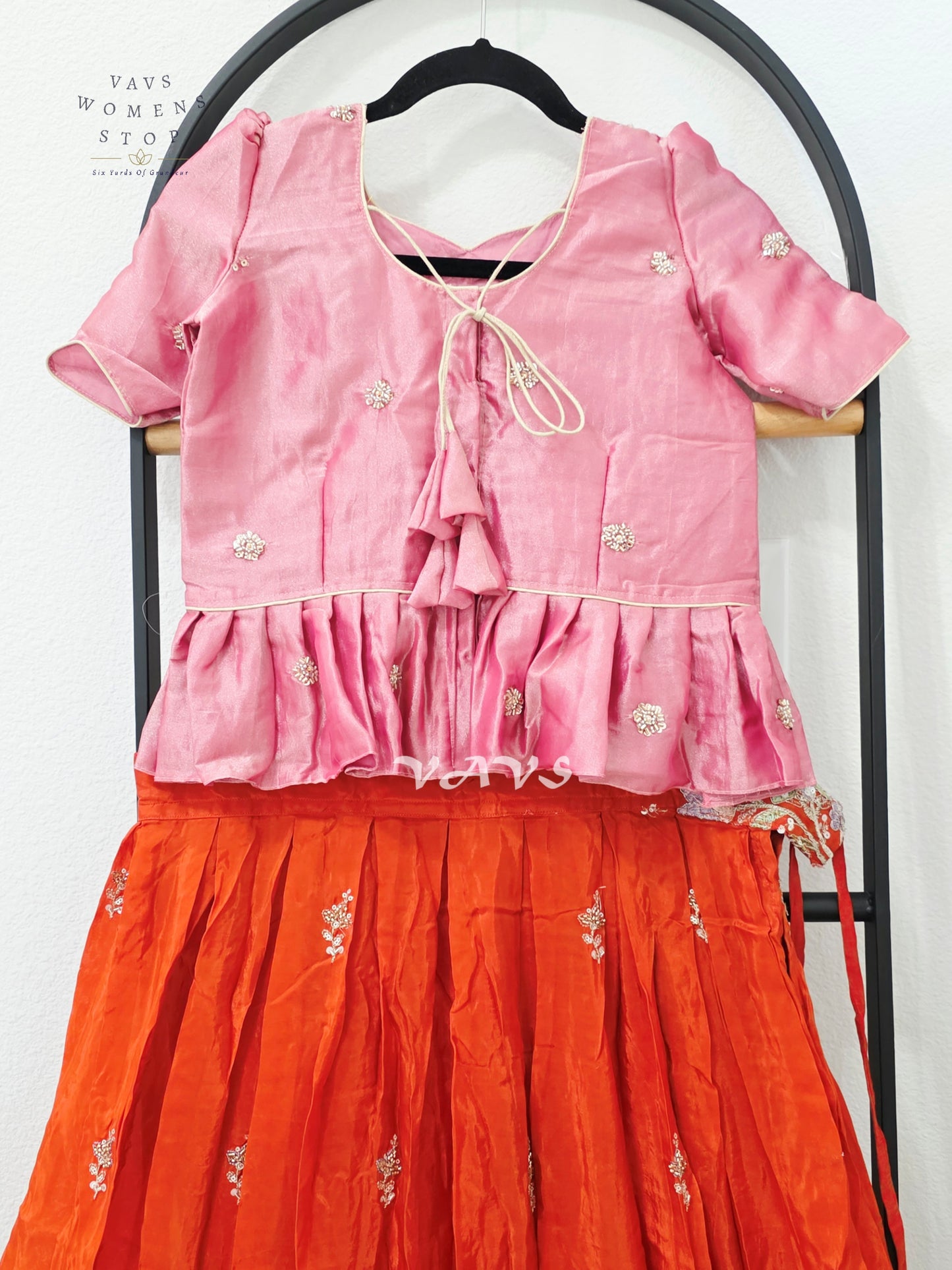 Vermilion Orange Crepe Silk Embroidered Lehenga Set with Rose Pink Tissue Crop Top – Girls 9–10 Years