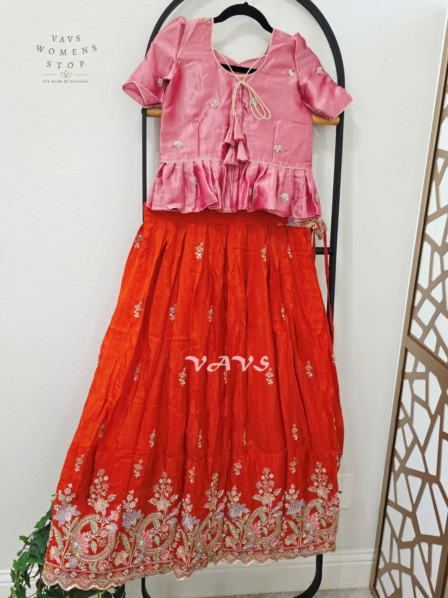 Vermilion Orange Crepe Silk Embroidered Lehenga Set with Rose Pink Tissue Crop Top – Girls 9–10 Years