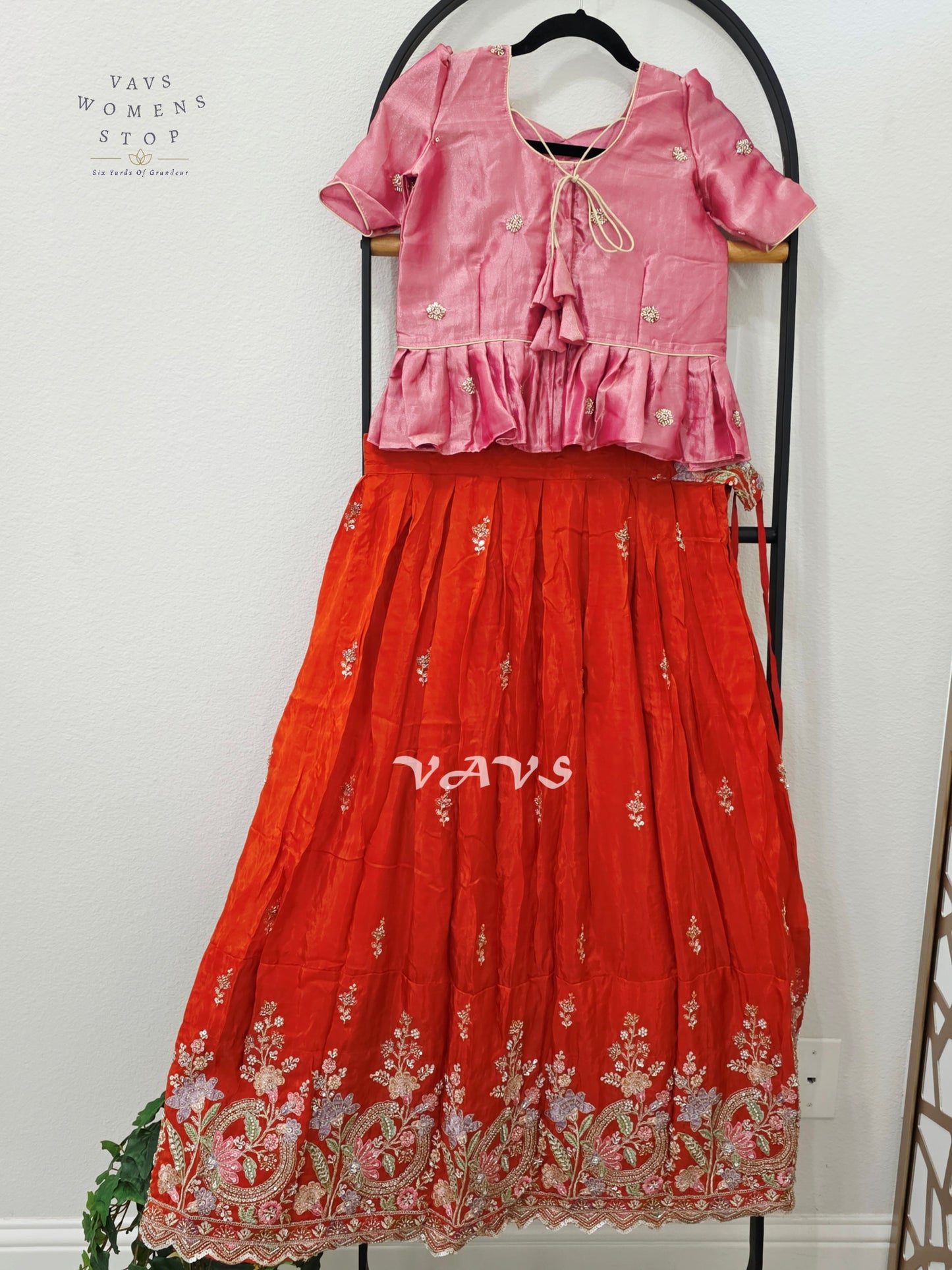 Vermilion Orange Crepe Silk Embroidered Lehenga Set with Rose Pink Tissue Crop Top – Girls 9–10 Years
