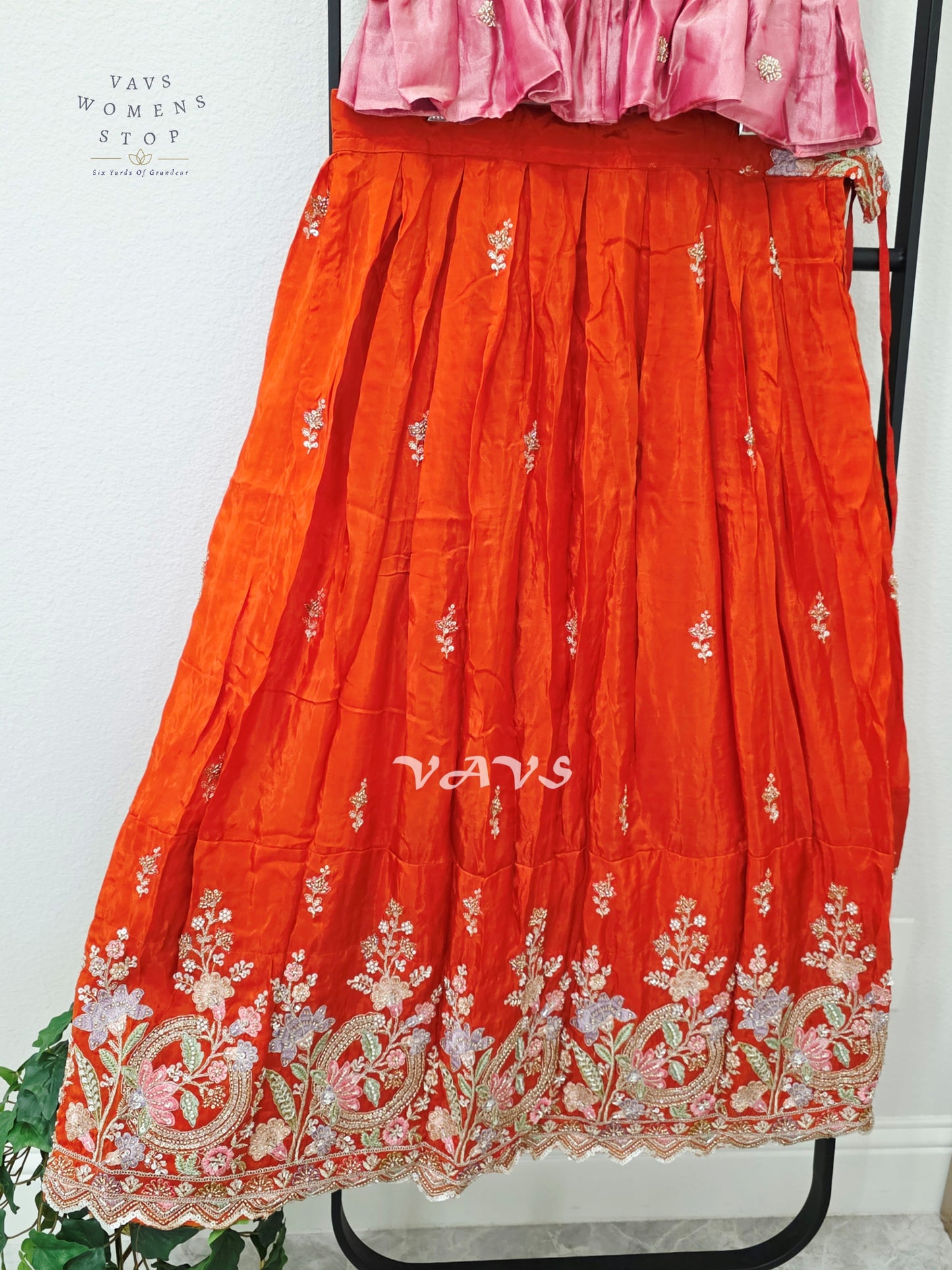 Vermilion Orange Crepe Silk Embroidered Lehenga Set with Rose Pink Tissue Crop Top – Girls 9–10 Years