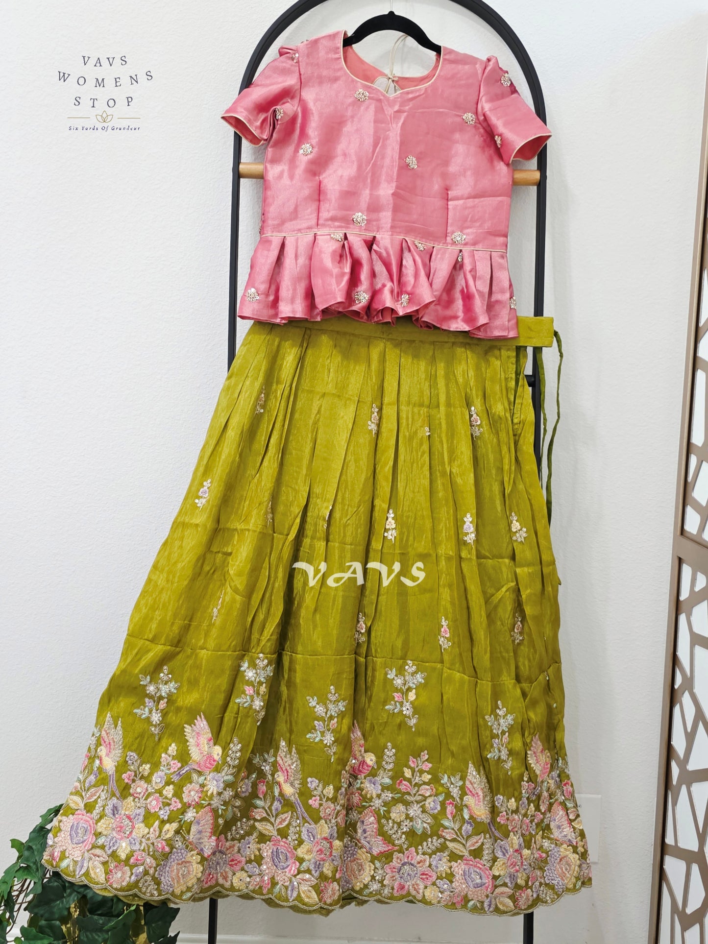 Antique Chartreuse Green Crepe Silk Tissue Embroidered Lehenga with Rose Pink Crop Top – Girls 11–12