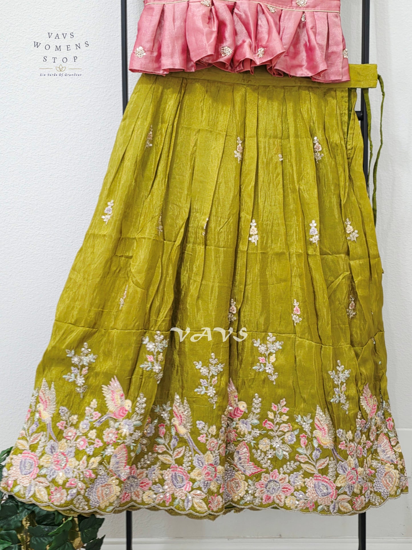 Antique Chartreuse Green Crepe Silk Tissue Embroidered Lehenga with Rose Pink Crop Top – Girls 11–12