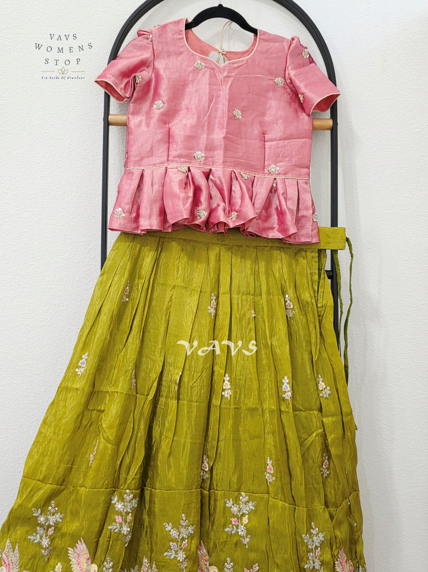Antique Chartreuse Green Crepe Silk Tissue Embroidered Lehenga with Rose Pink Crop Top – Girls 11–12