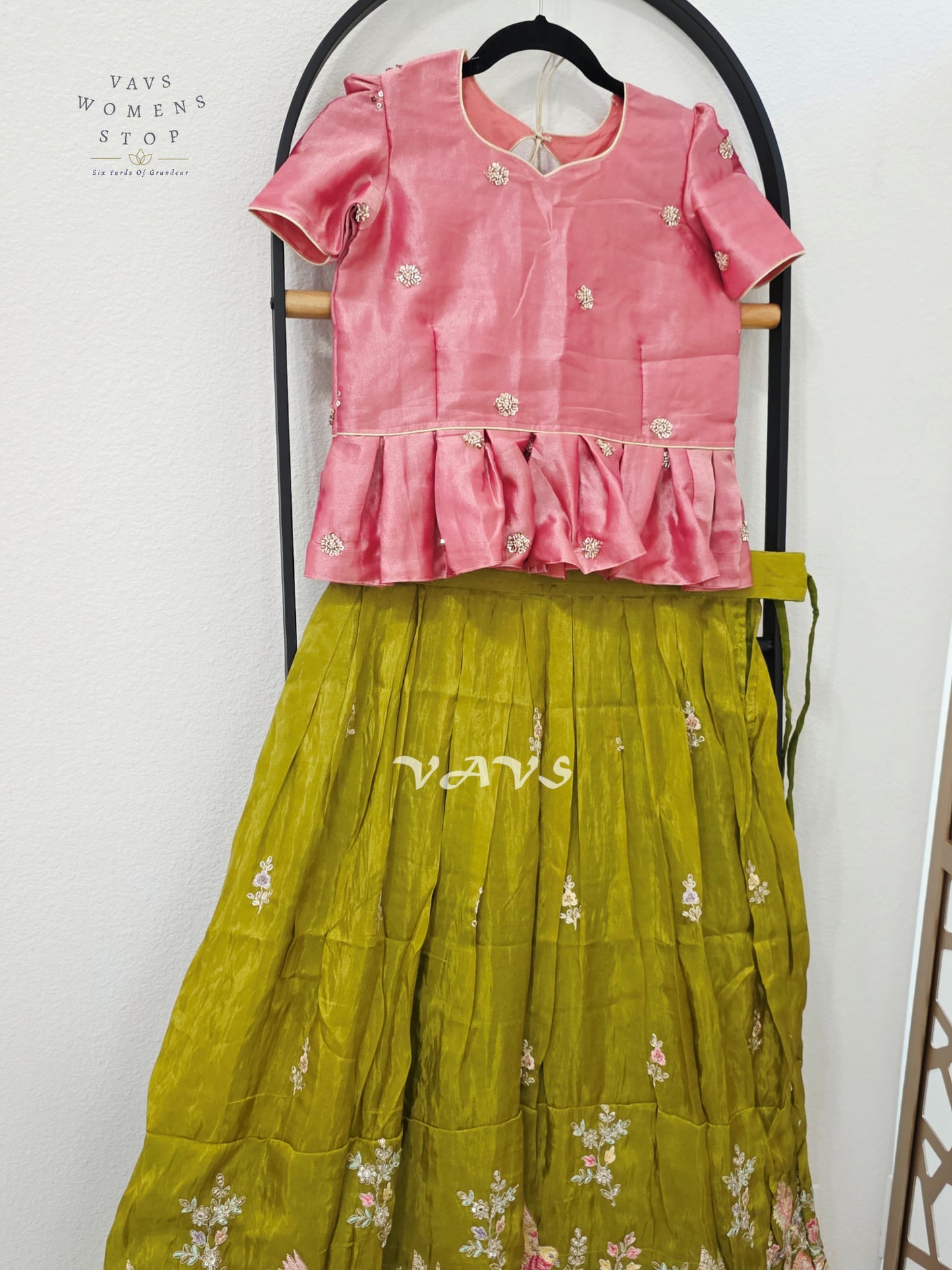 Antique Chartreuse Green Crepe Silk Tissue Embroidered Lehenga with Rose Pink Crop Top – Girls 11–12