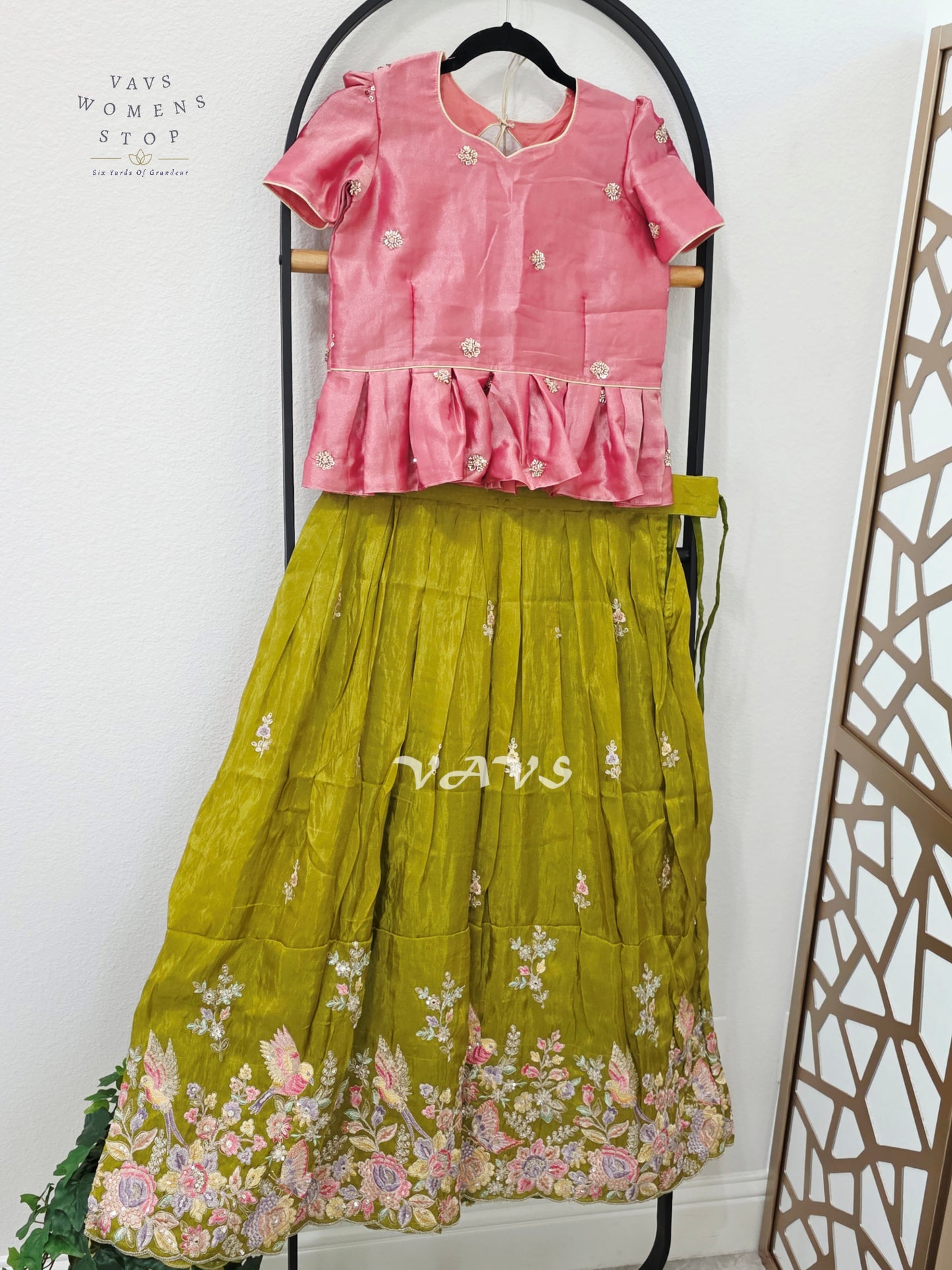 Antique Chartreuse Green Crepe Silk Tissue Embroidered Lehenga with Rose Pink Crop Top – Girls 11–12