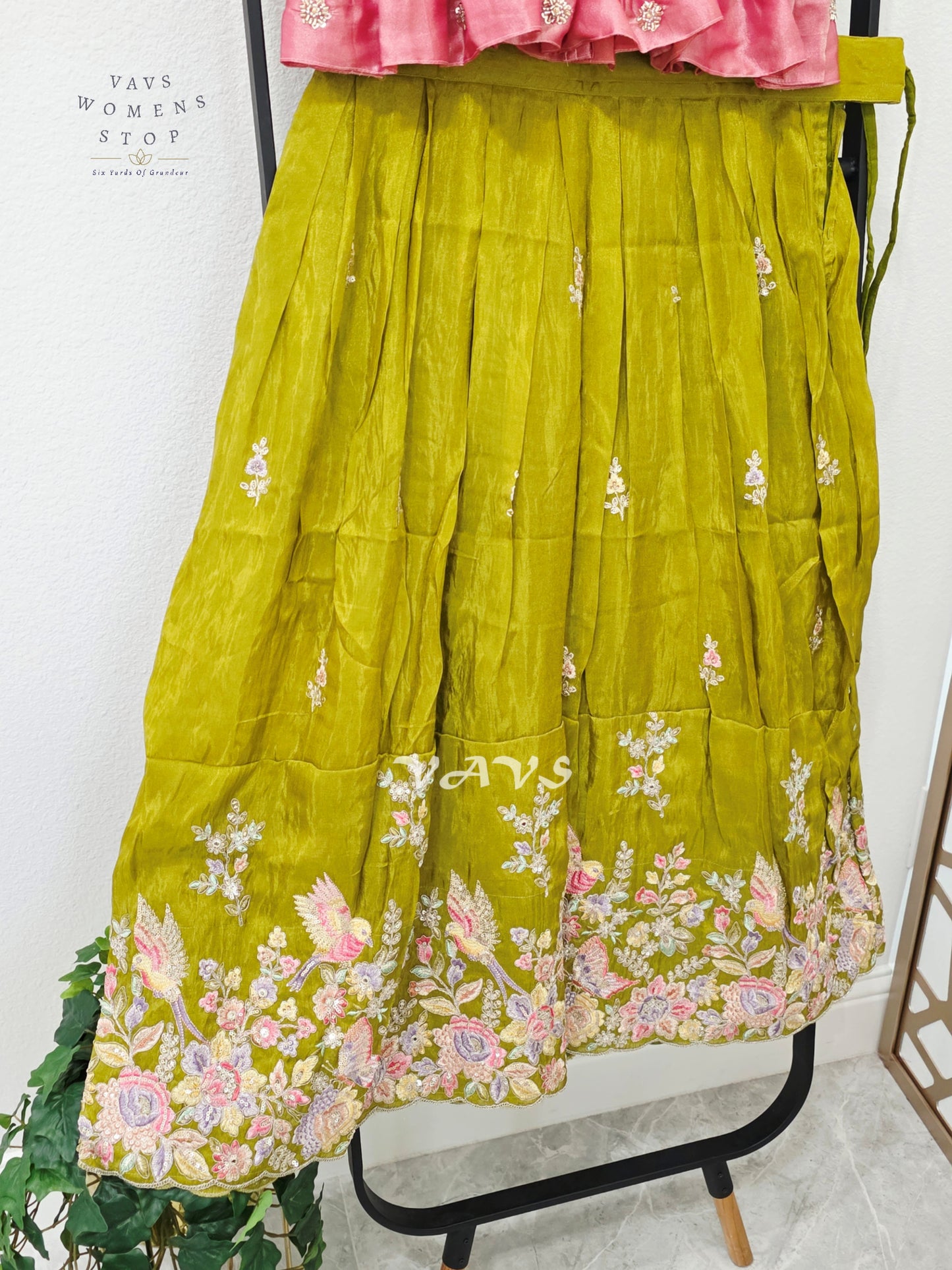Antique Chartreuse Green Crepe Silk Tissue Embroidered Lehenga with Rose Pink Crop Top – Girls 11–12