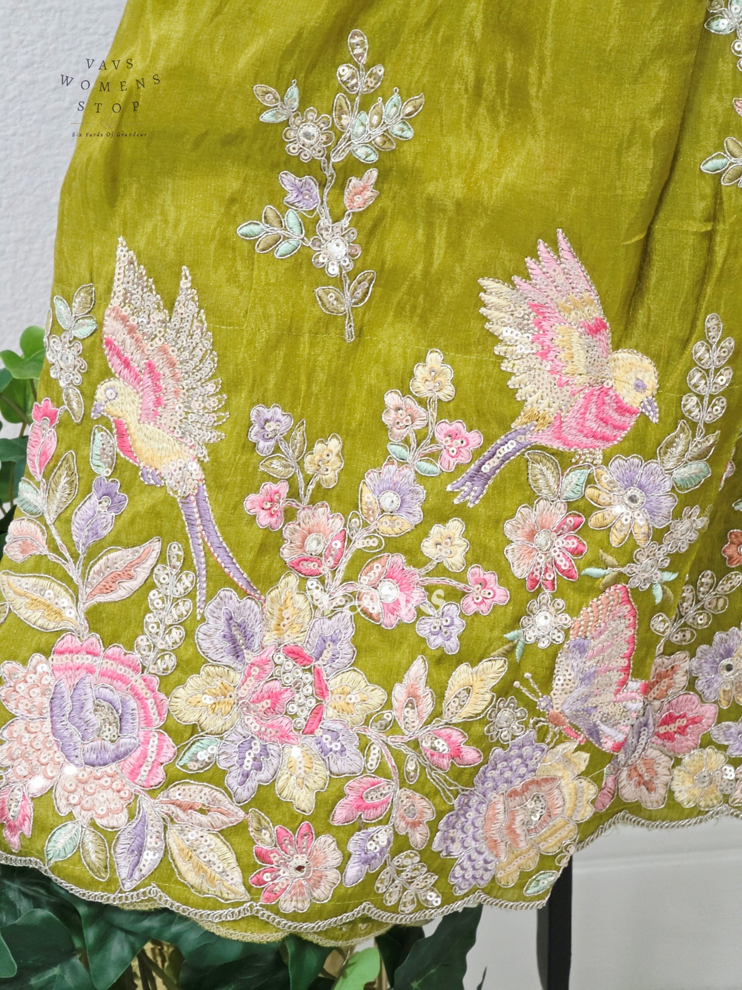 Antique Chartreuse Green Crepe Silk Tissue Embroidered Lehenga with Rose Pink Crop Top – Girls 11–12