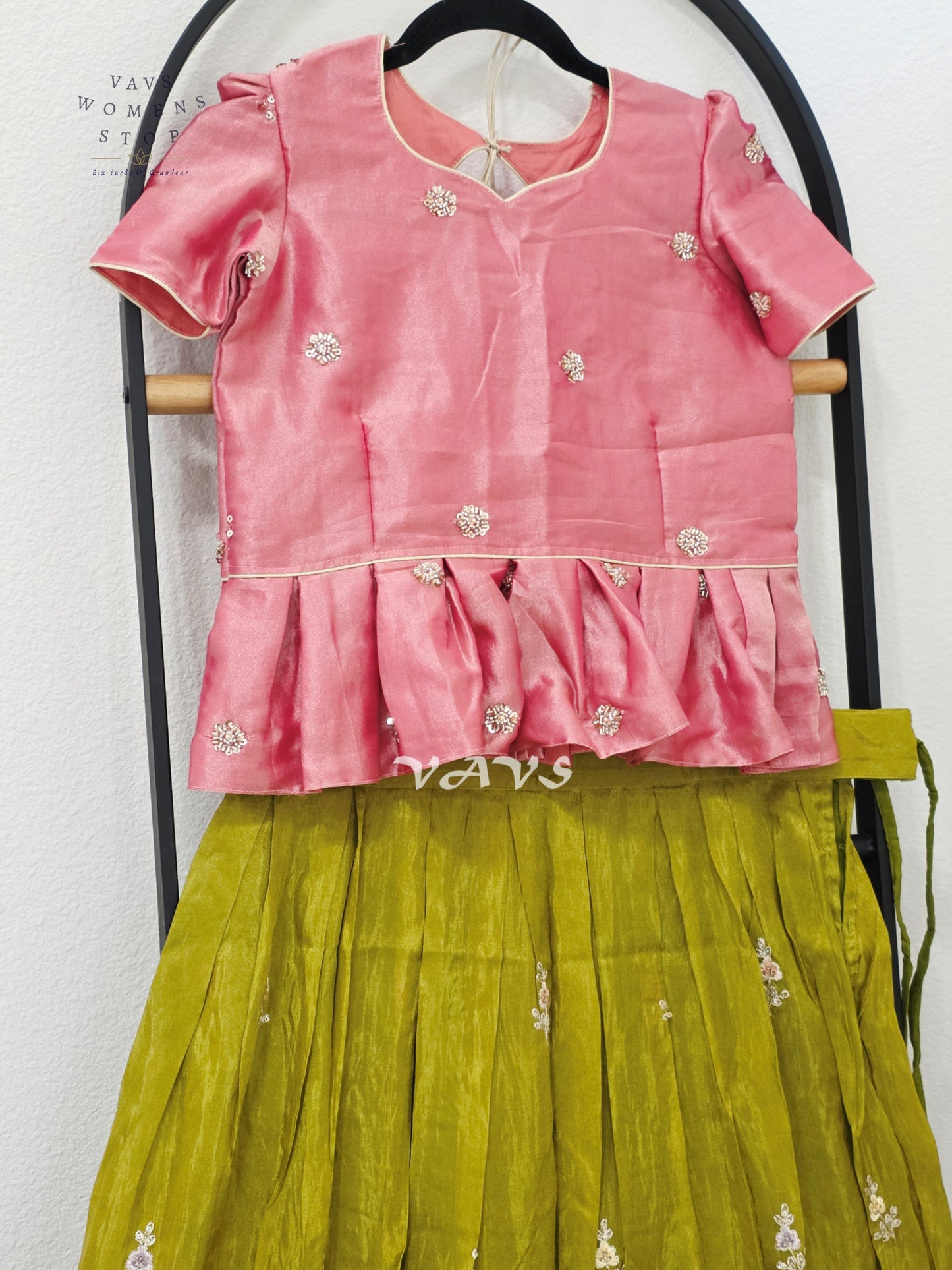 Antique Chartreuse Green Crepe Silk Tissue Embroidered Lehenga with Rose Pink Crop Top – Girls 11–12