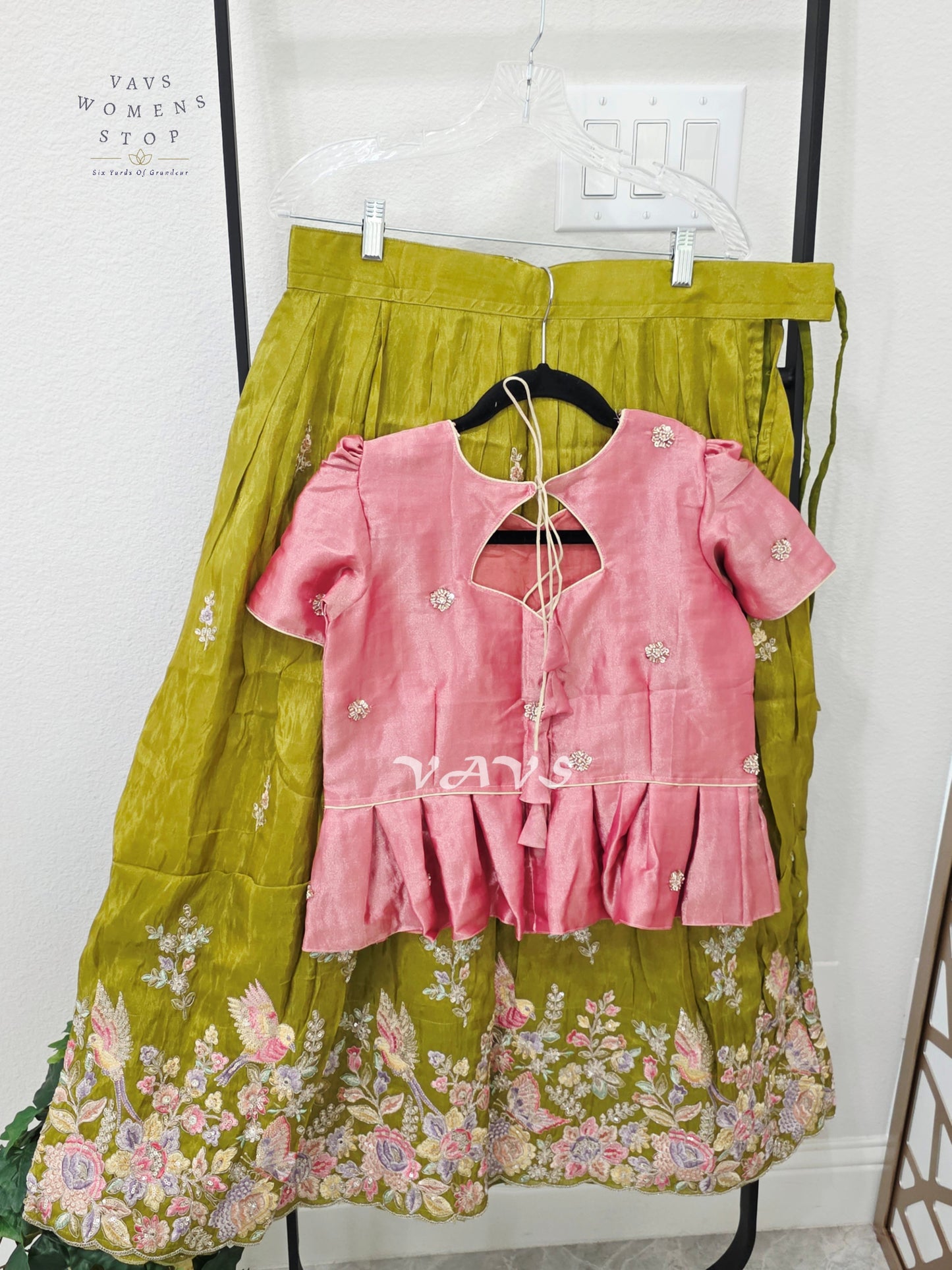 Antique Chartreuse Green Crepe Silk Tissue Embroidered Lehenga with Rose Pink Crop Top – Girls 11–12